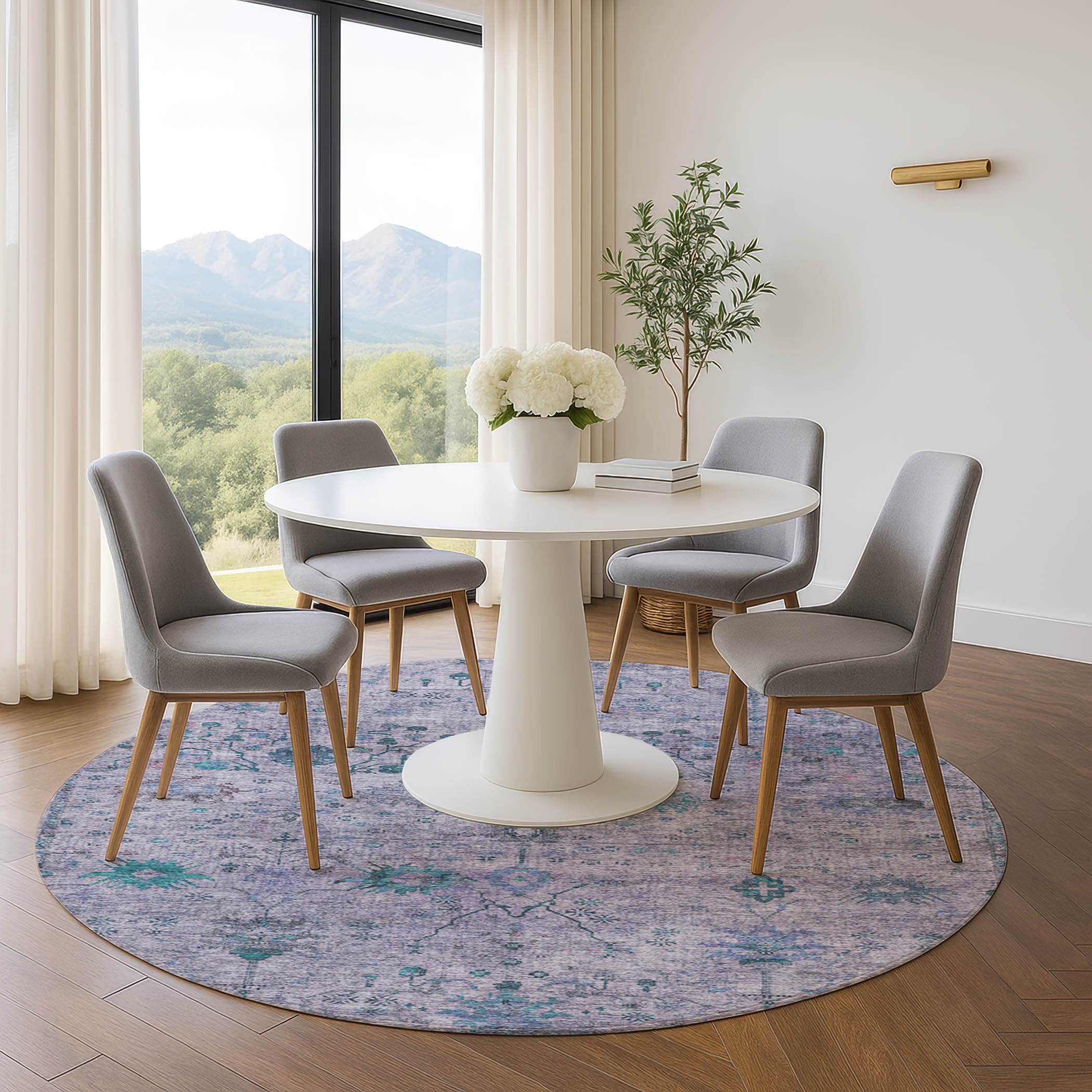Kotor Machine Washable Traditional Lavender Purple Rug 8' x 8' #shape_Round