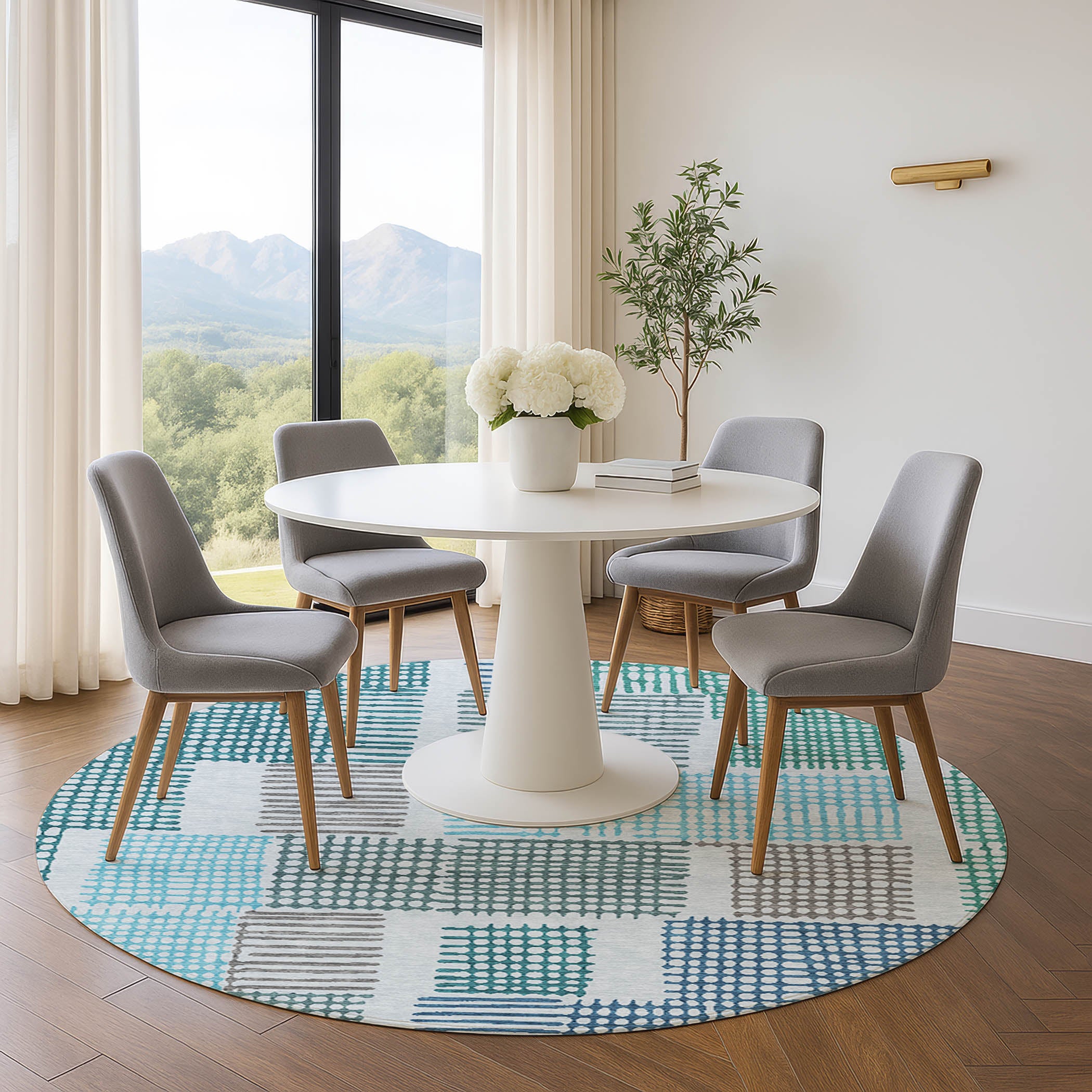 Prague Machine Washable Transitional Aqua Teal Rug 8' x 8' #shape_Round