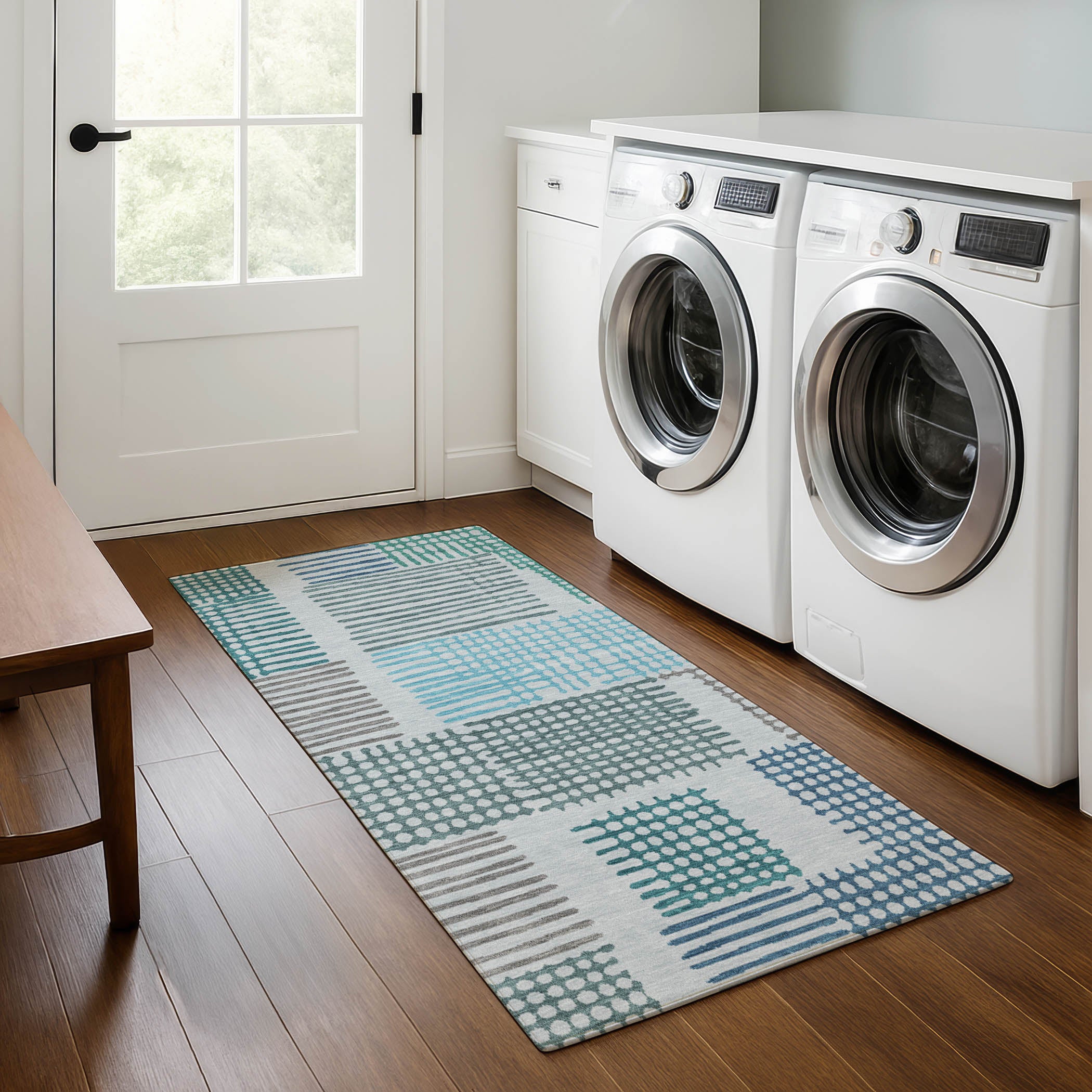 Prague Machine Washable Transitional Aqua Teal Rug 2'3" x 7'6" #shape_Runner