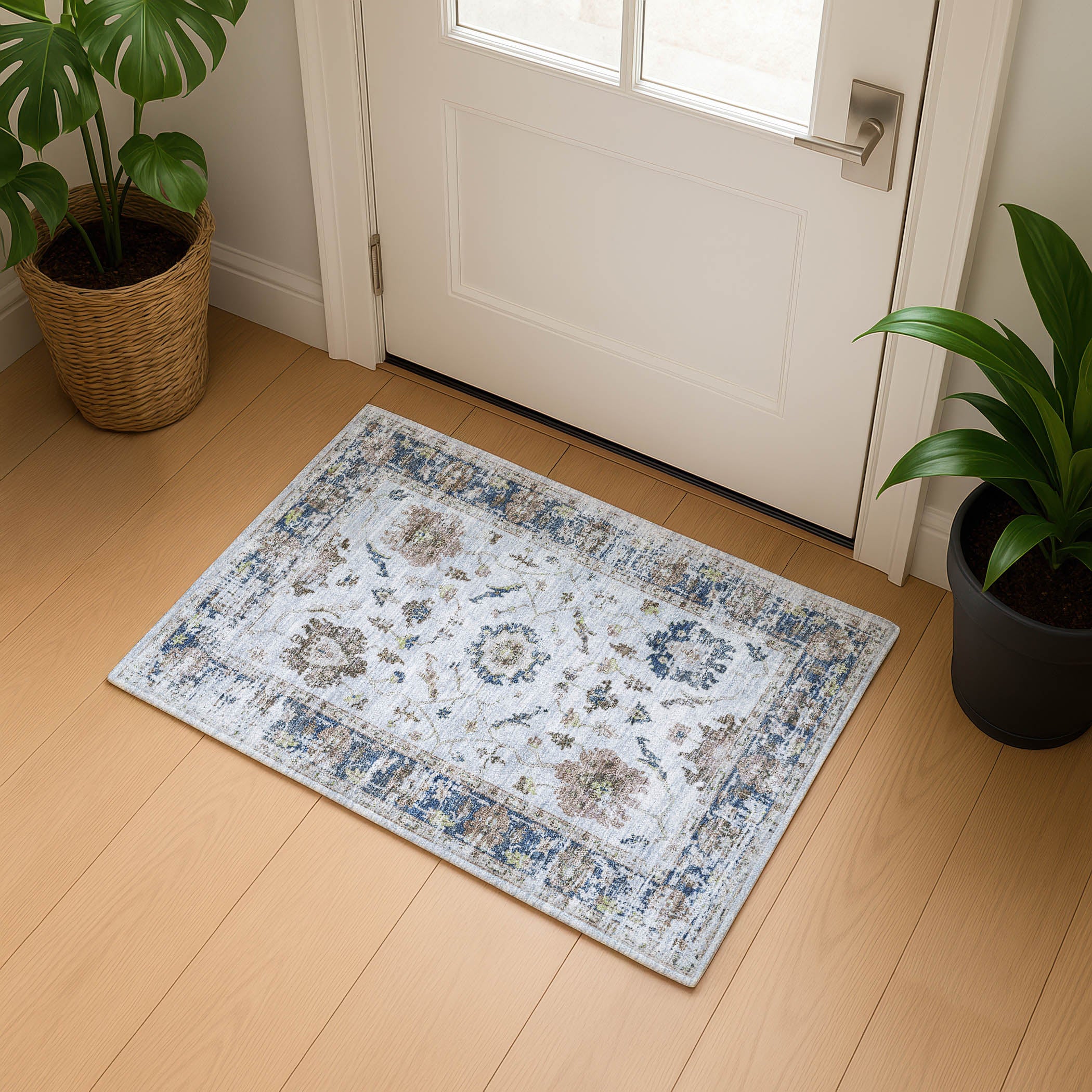 Oaxaca Machine Washable Traditional Blue Rug 1'8" x 2'6" #shape_Rectangle