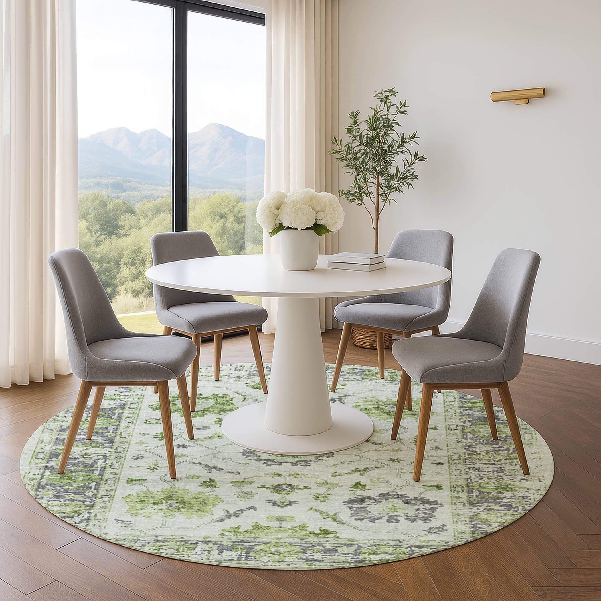 Oaxaca Machine Washable Traditional Mint Green Rug 8' x 8' #shape_Round