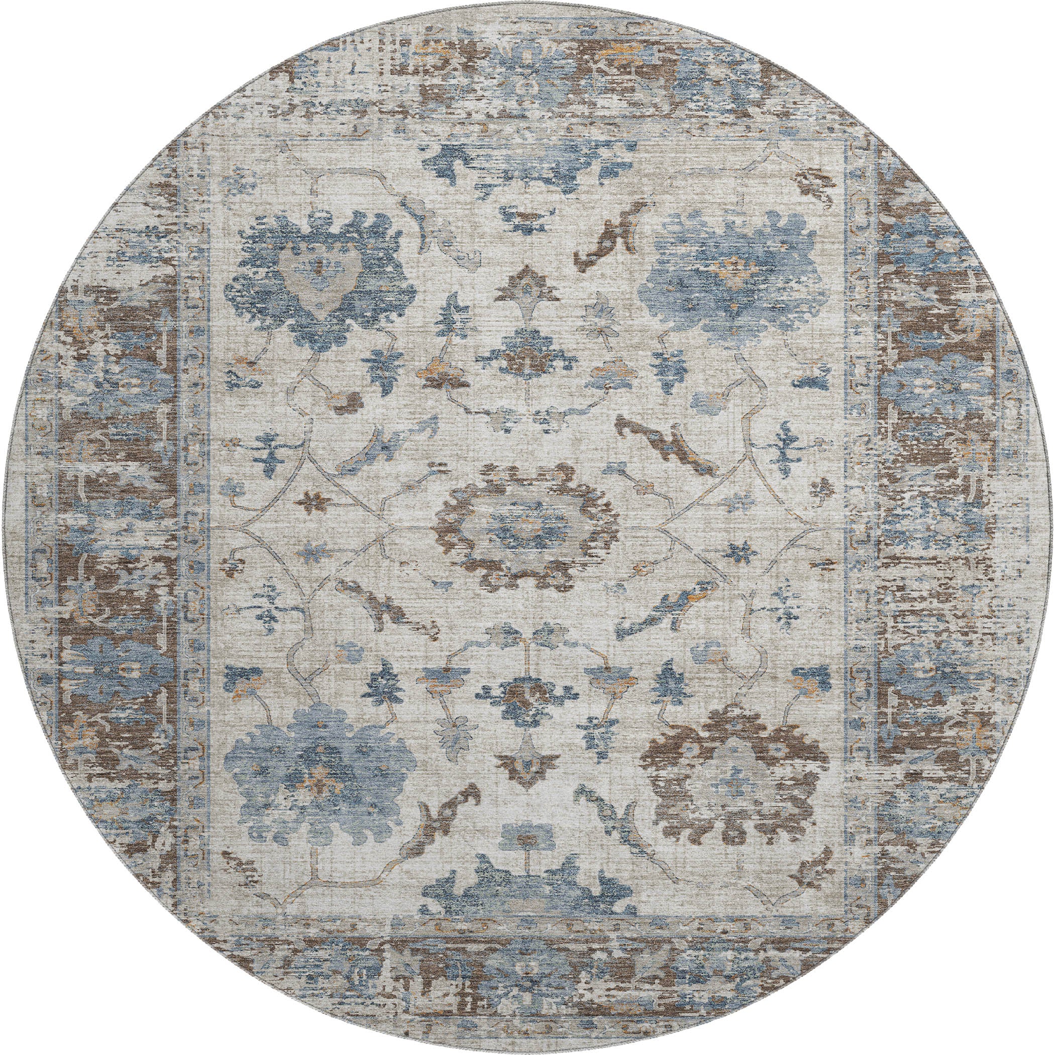 Oaxaca Machine Washable Traditional Putty Ivory Rug 8' x 8' #shape_Round