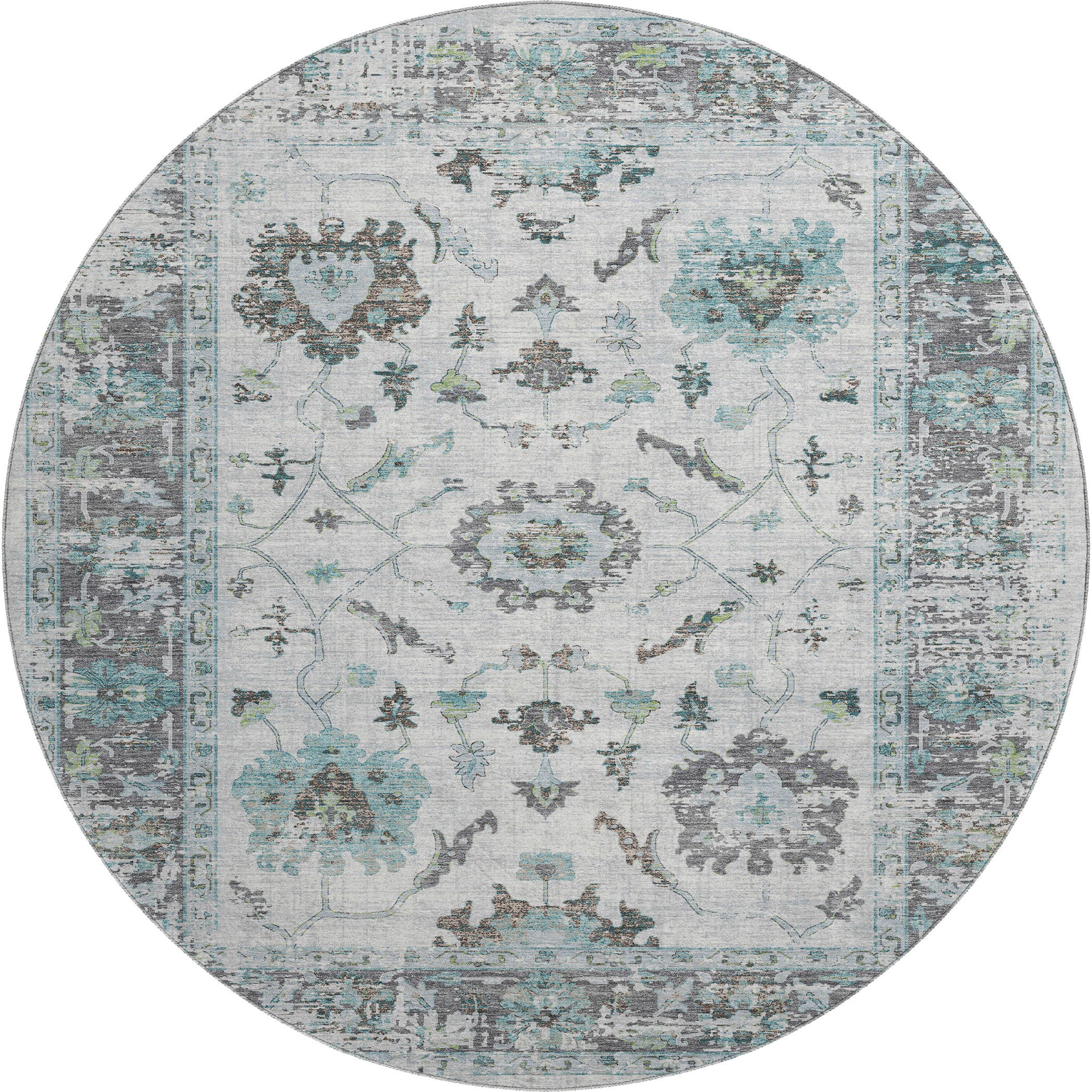 Oaxaca Machine Washable Traditional Teal Rug 8' x 8' #shape_Round