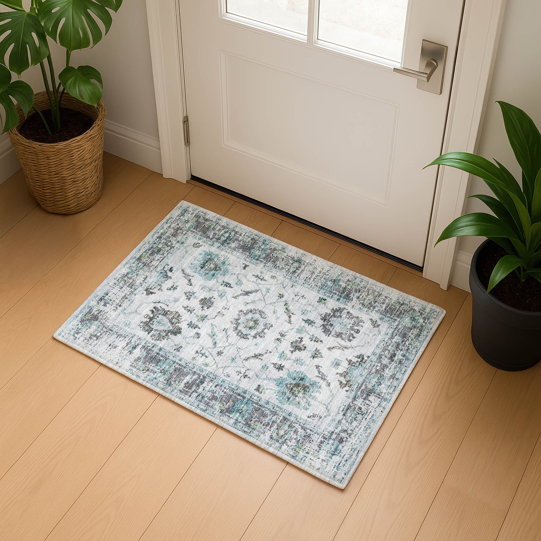 Oaxaca Machine Washable Traditional Teal Rug 1'8" x 2'6" #shape_Rectangle