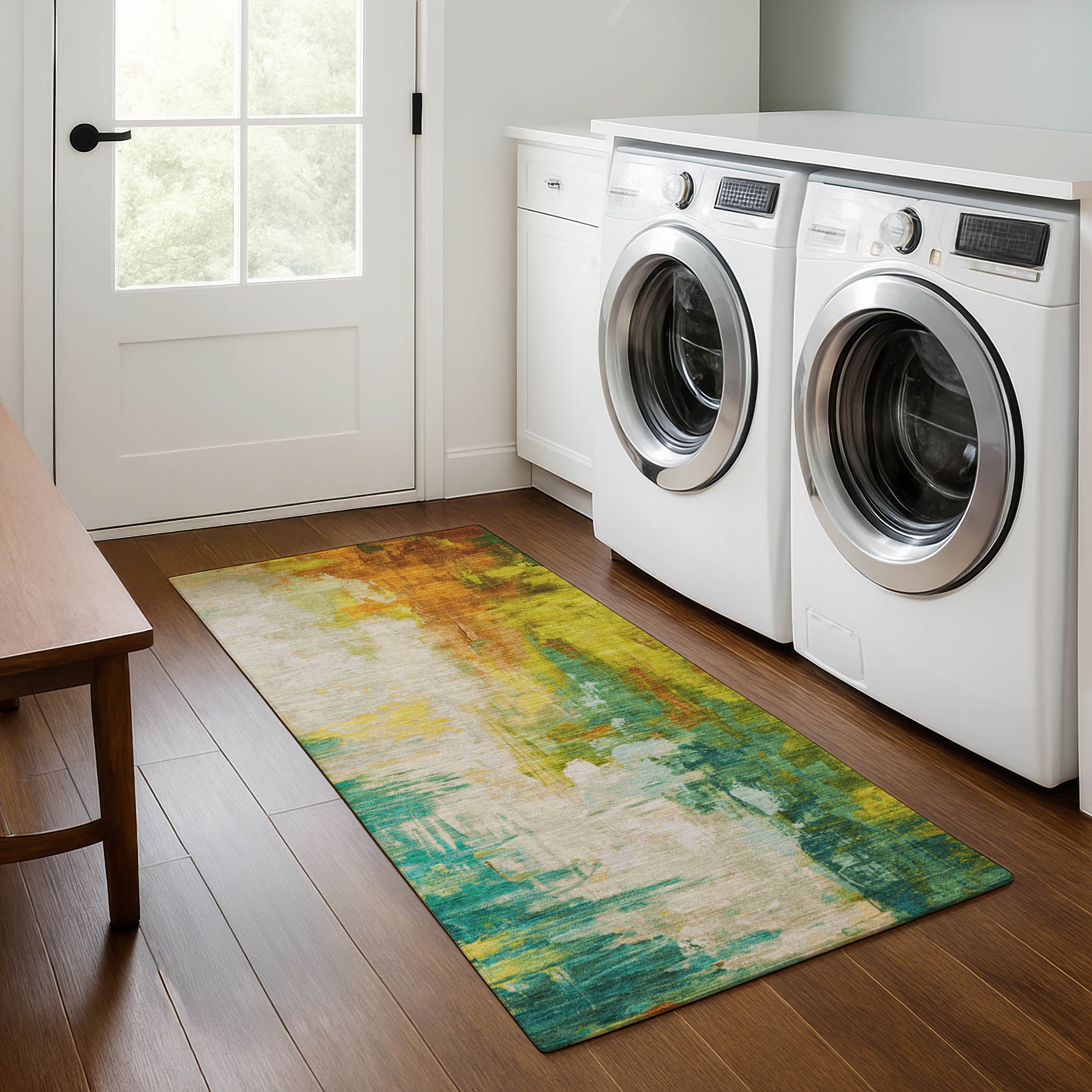 Colombo Machine Washable Transitional Green Rug 2'3" x 7'6" #shape_Runner