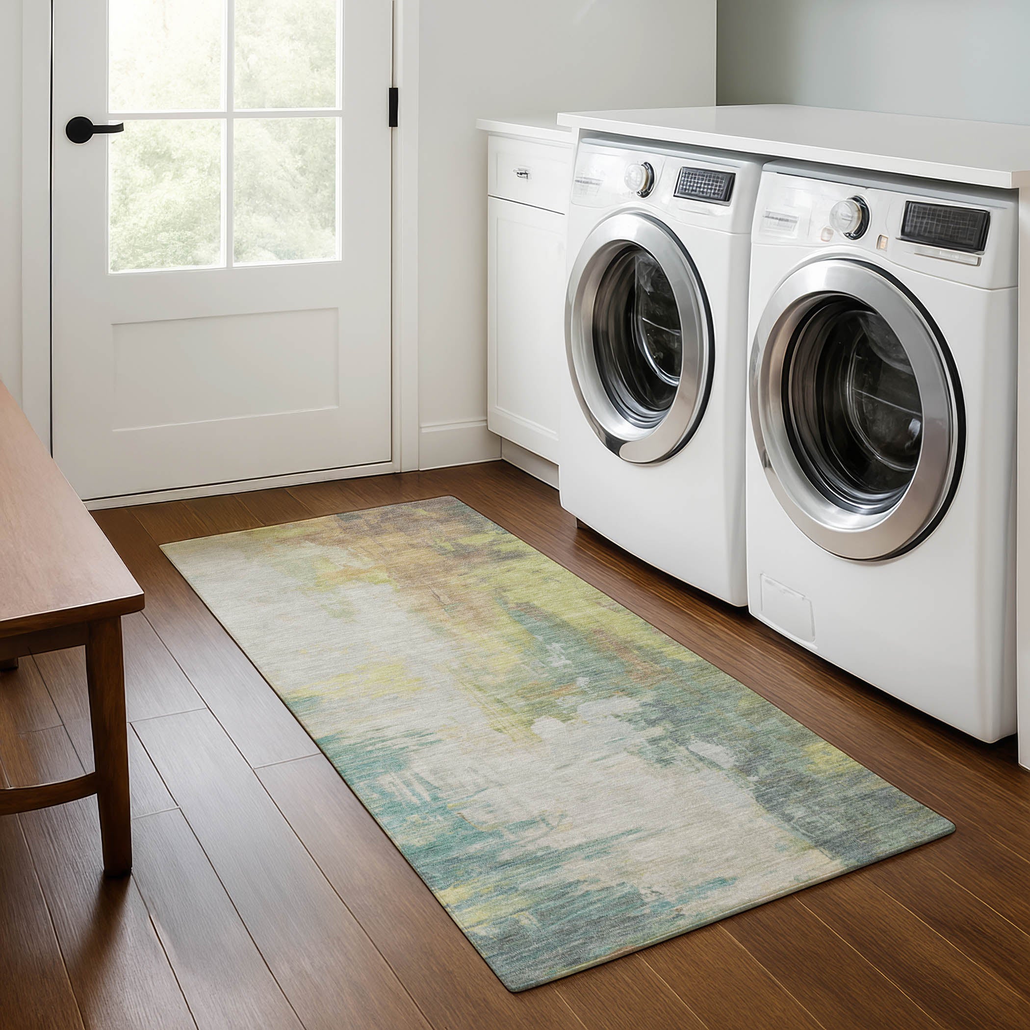 Colombo Machine Washable Transitional Seafoam Blue Rug 2'3" x 7'6" #shape_Runner