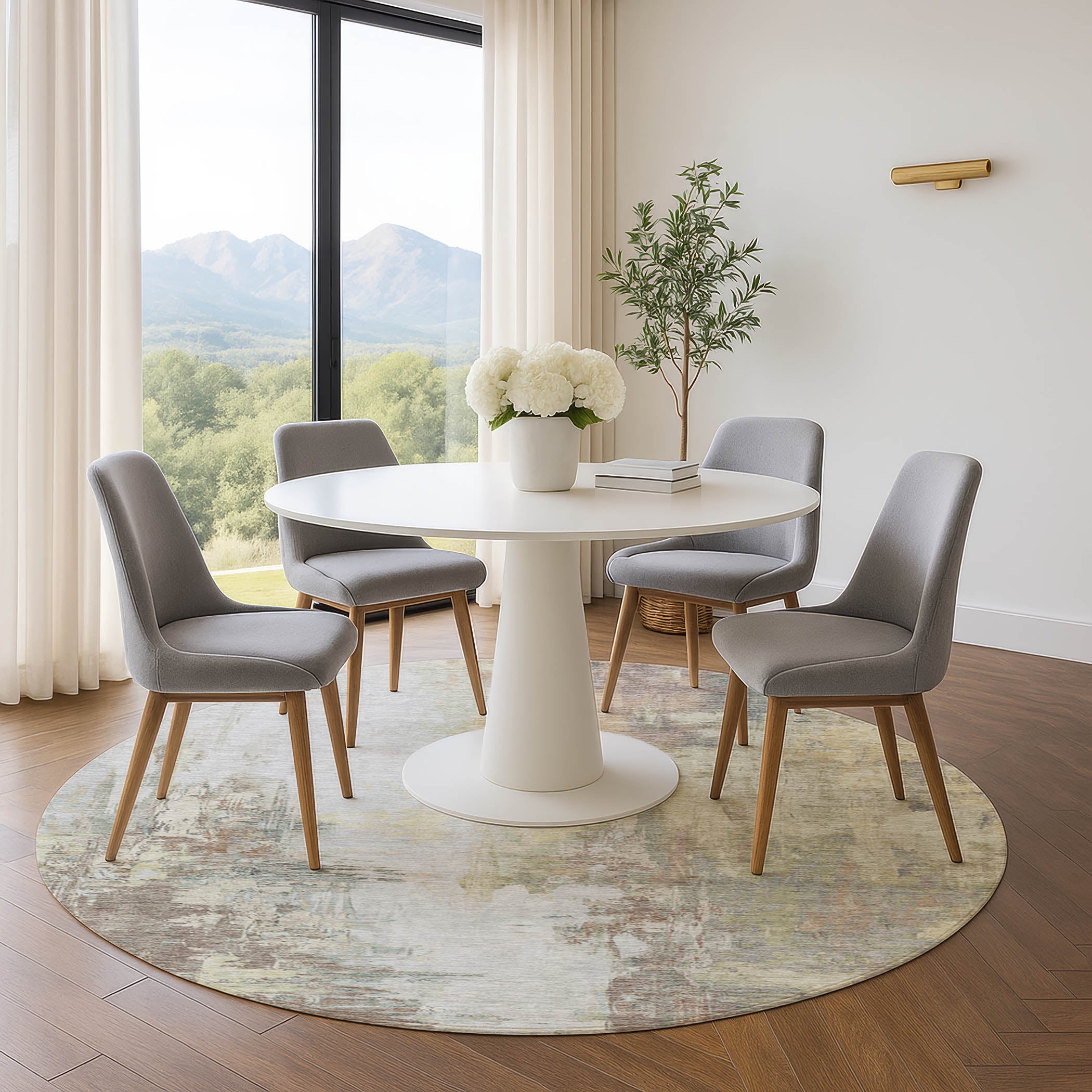 Colombo Machine Washable Transitional Tan Brown Rug 8' x 8' #shape_Round