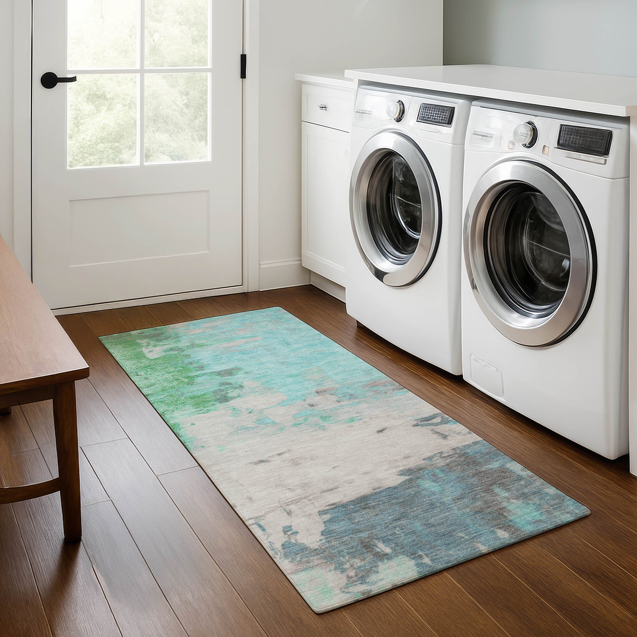 Budapest Machine Washable Transitional Teal Rug 2'3" x 7'6" #shape_Runner