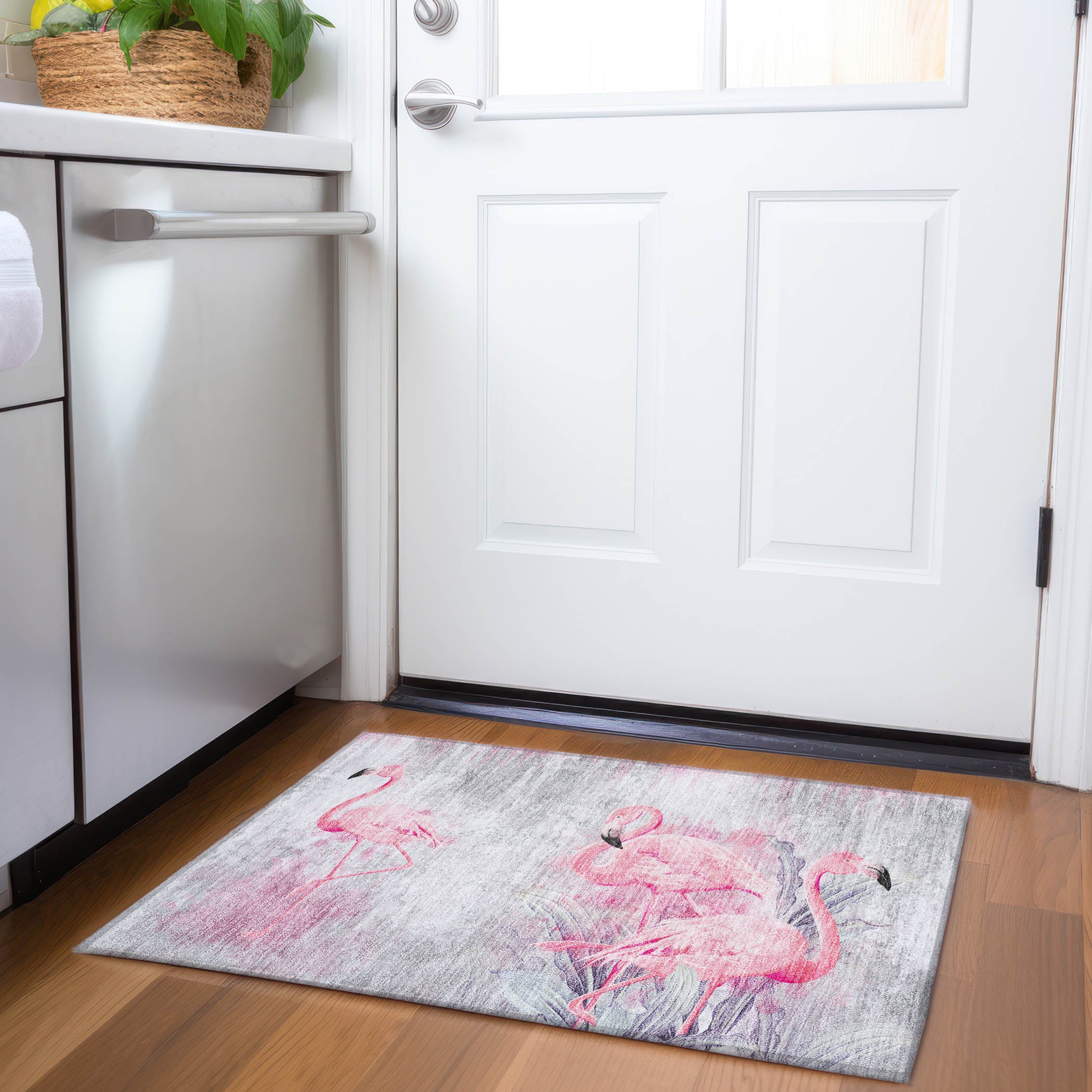 Luang Prabang Machine Washable Tropical Pink Gray Rug 1'8" x 2'6" #shape_Rectangle