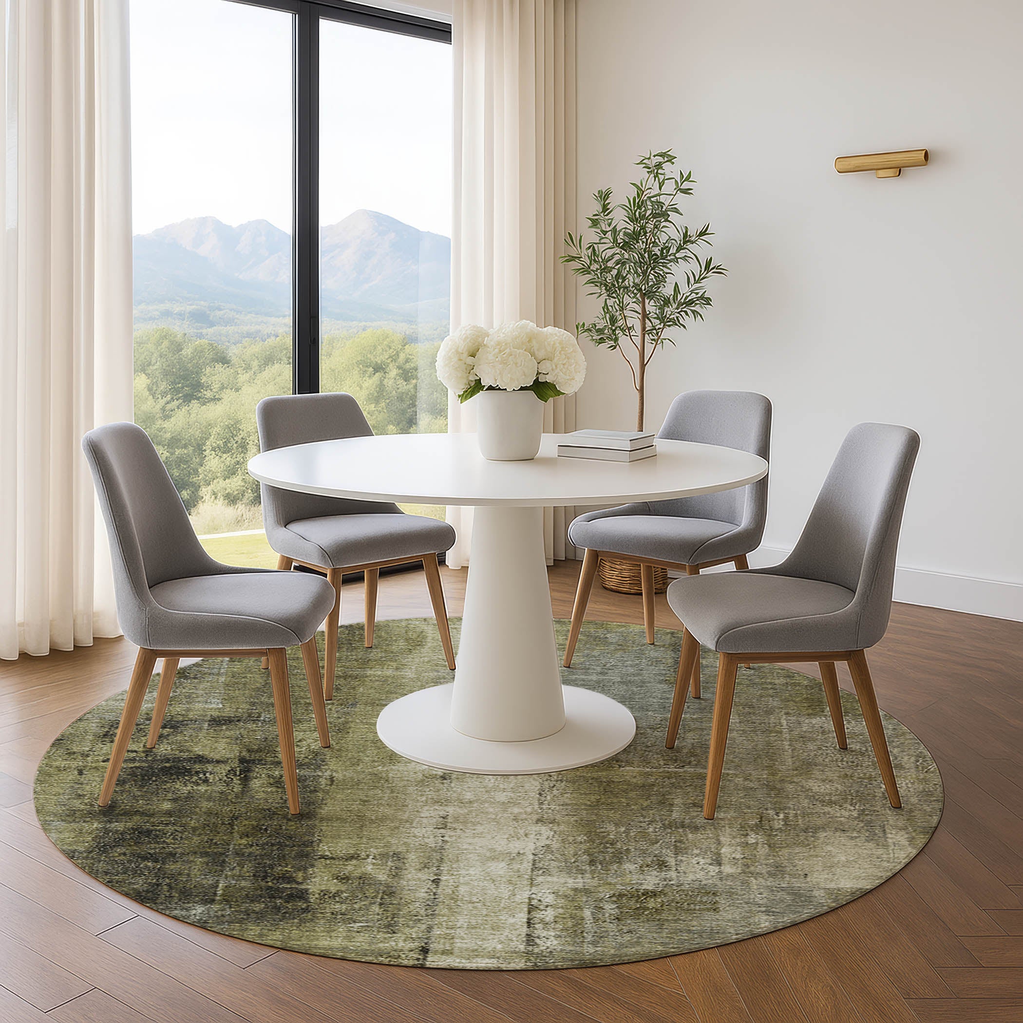 Mdina Machine Washable Transitional Olive Green Rug 8' x 8' #shape_Round