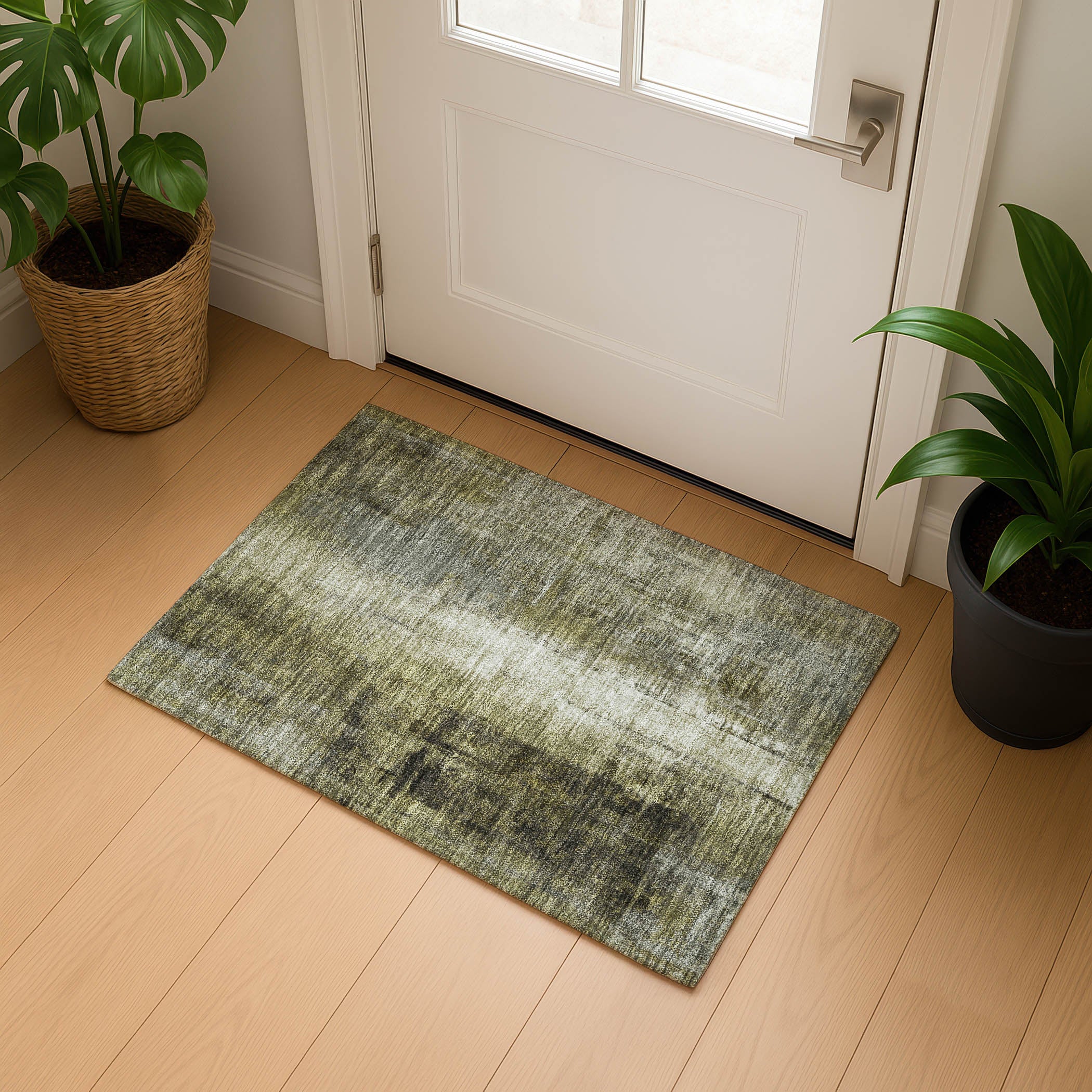 Mdina Machine Washable Transitional Olive Green Rug 1'8" x 2'6" #shape_Rectangle