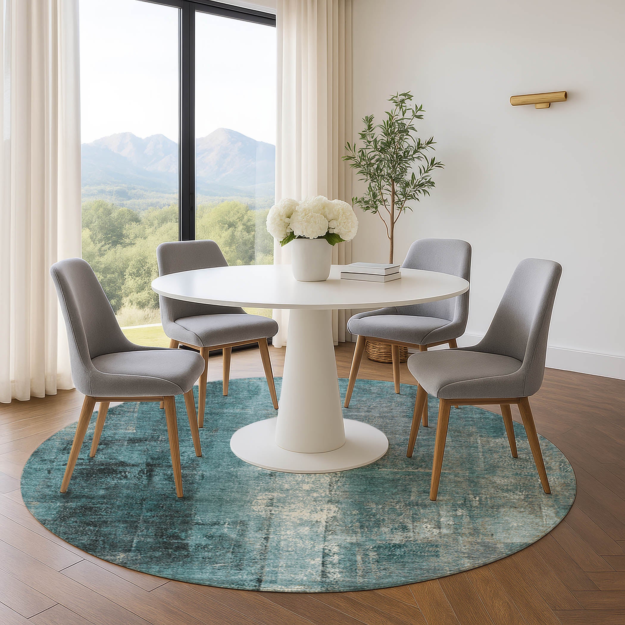 Mdina Machine Washable Transitional Teal Rug 8' x 8' #shape_Round