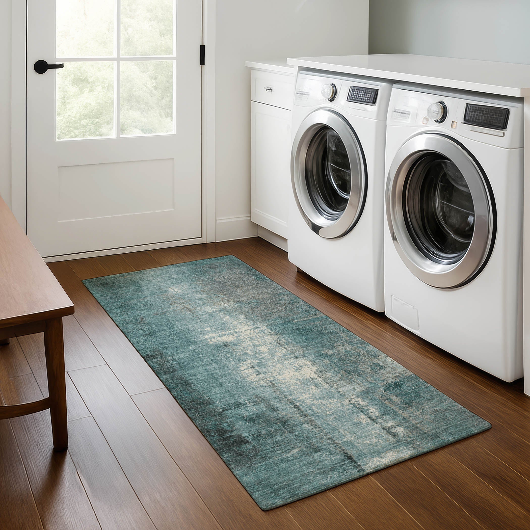 Mdina Machine Washable Transitional Teal Rug 2'3" x 7'6" #shape_Runner