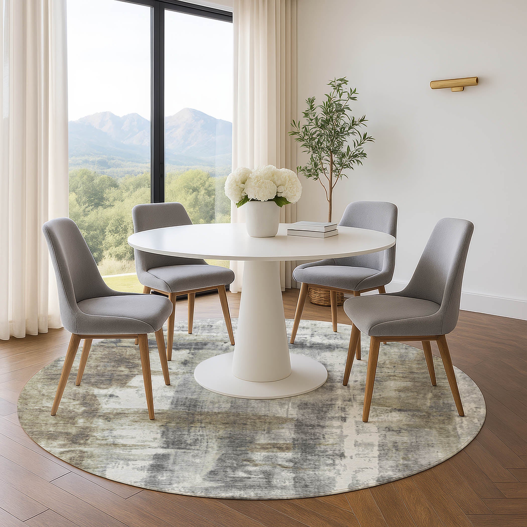 Salzburg Machine Washable Transitional Beige Brown Rug 8' x 8' #shape_Round