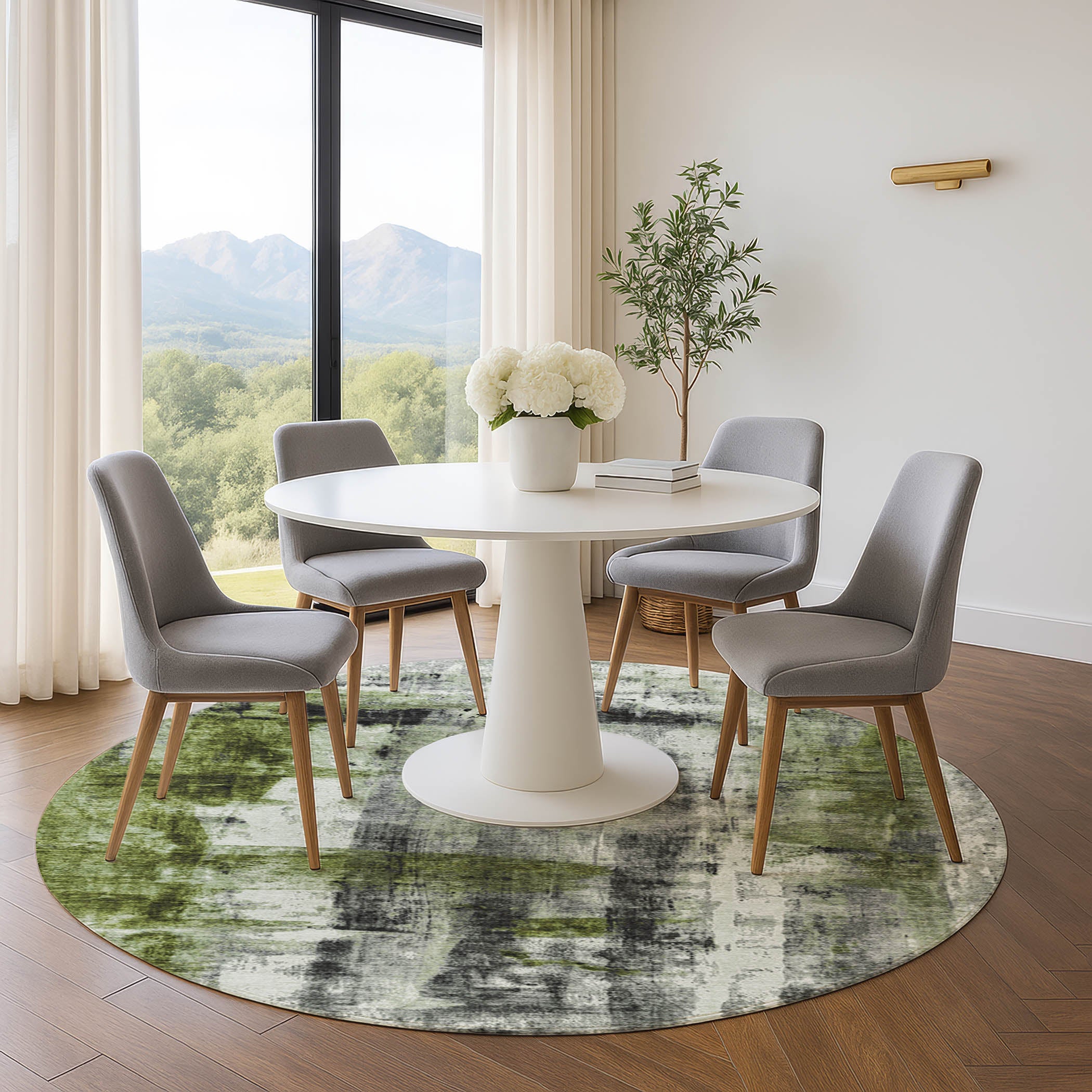 Salzburg Machine Washable Transitional Olive Green Rug 8' x 8' #shape_Round