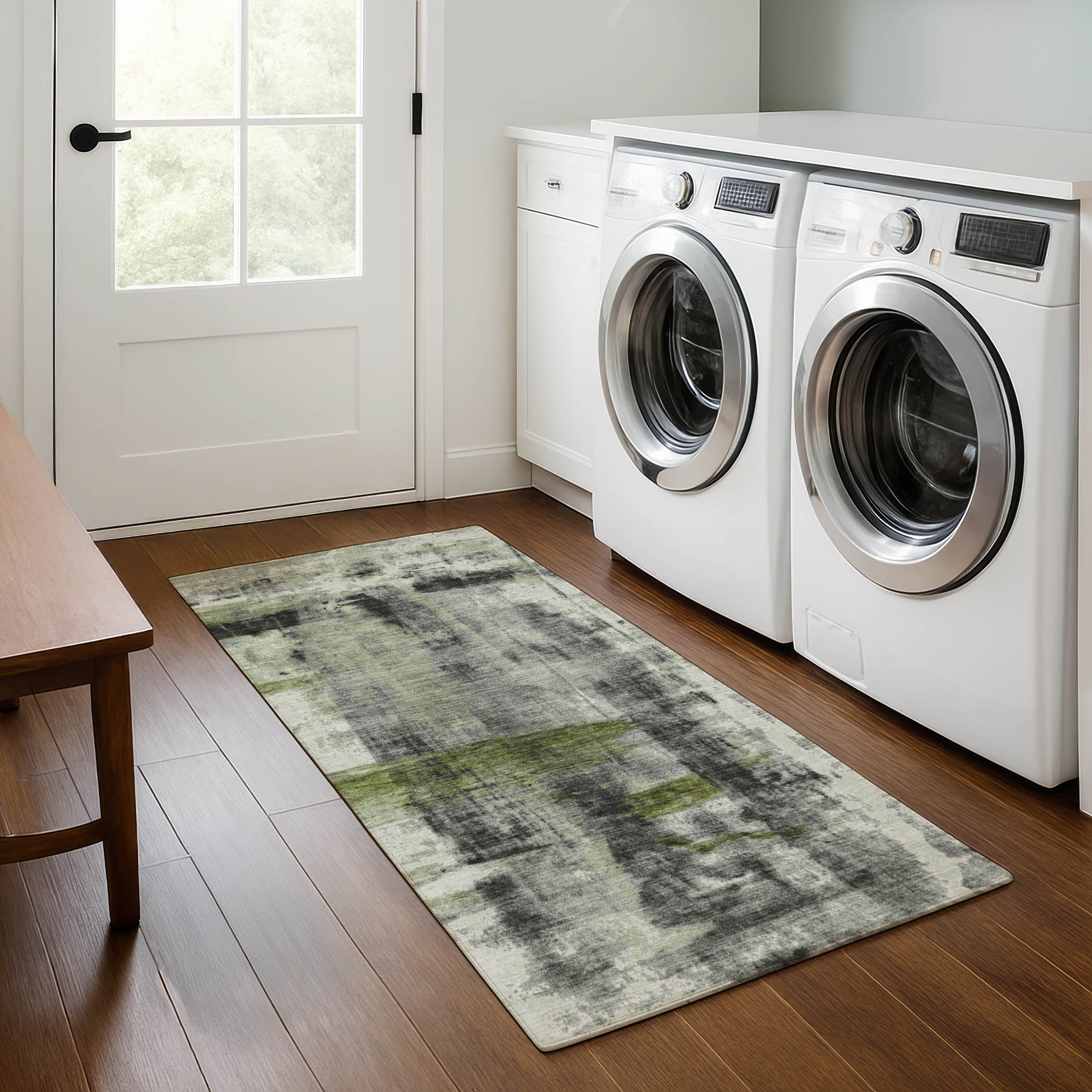 Salzburg Machine Washable Transitional Olive Green Rug 2'3" x 7'6" #shape_Runner