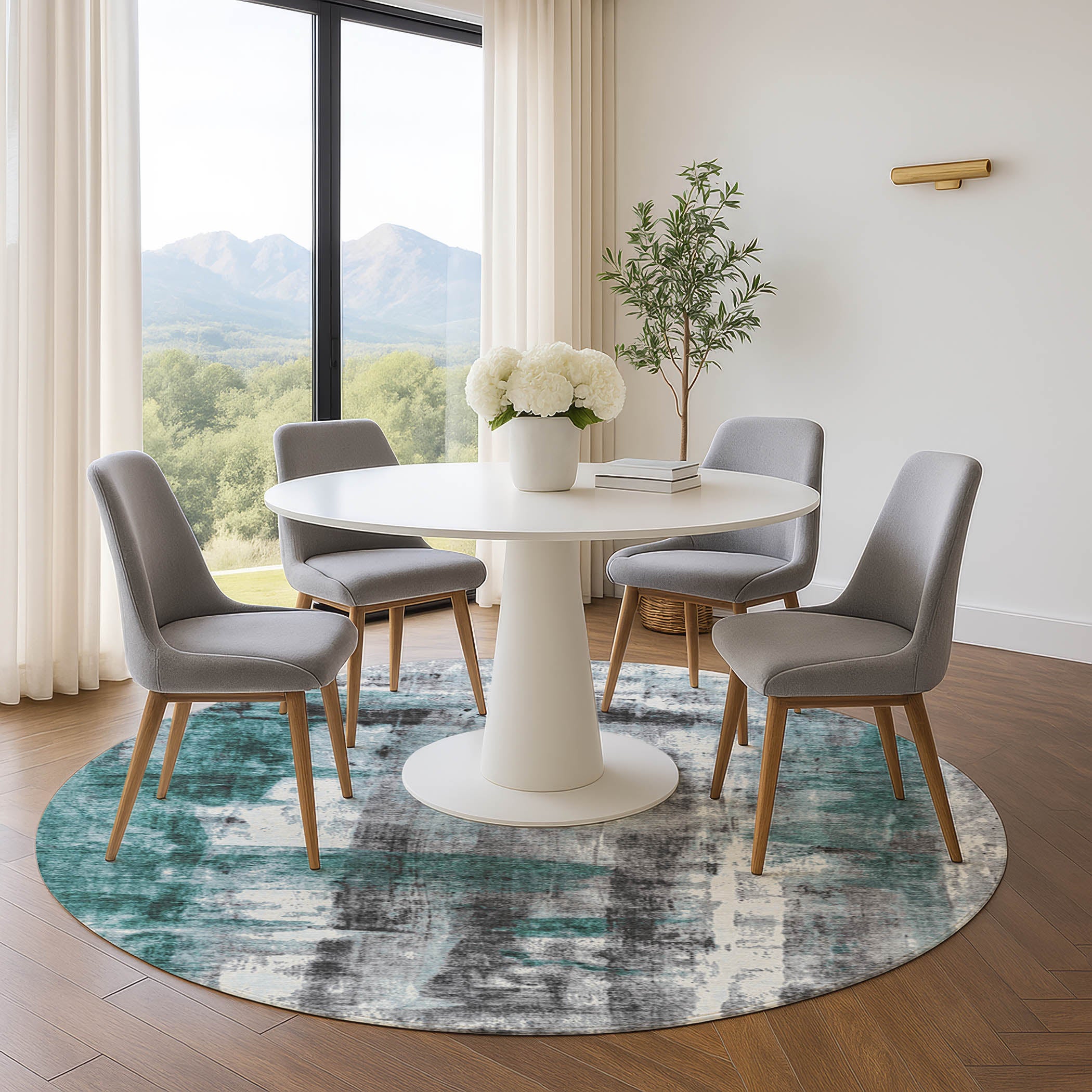 Salzburg Machine Washable Transitional Teal Rug 8' x 8' #shape_Round