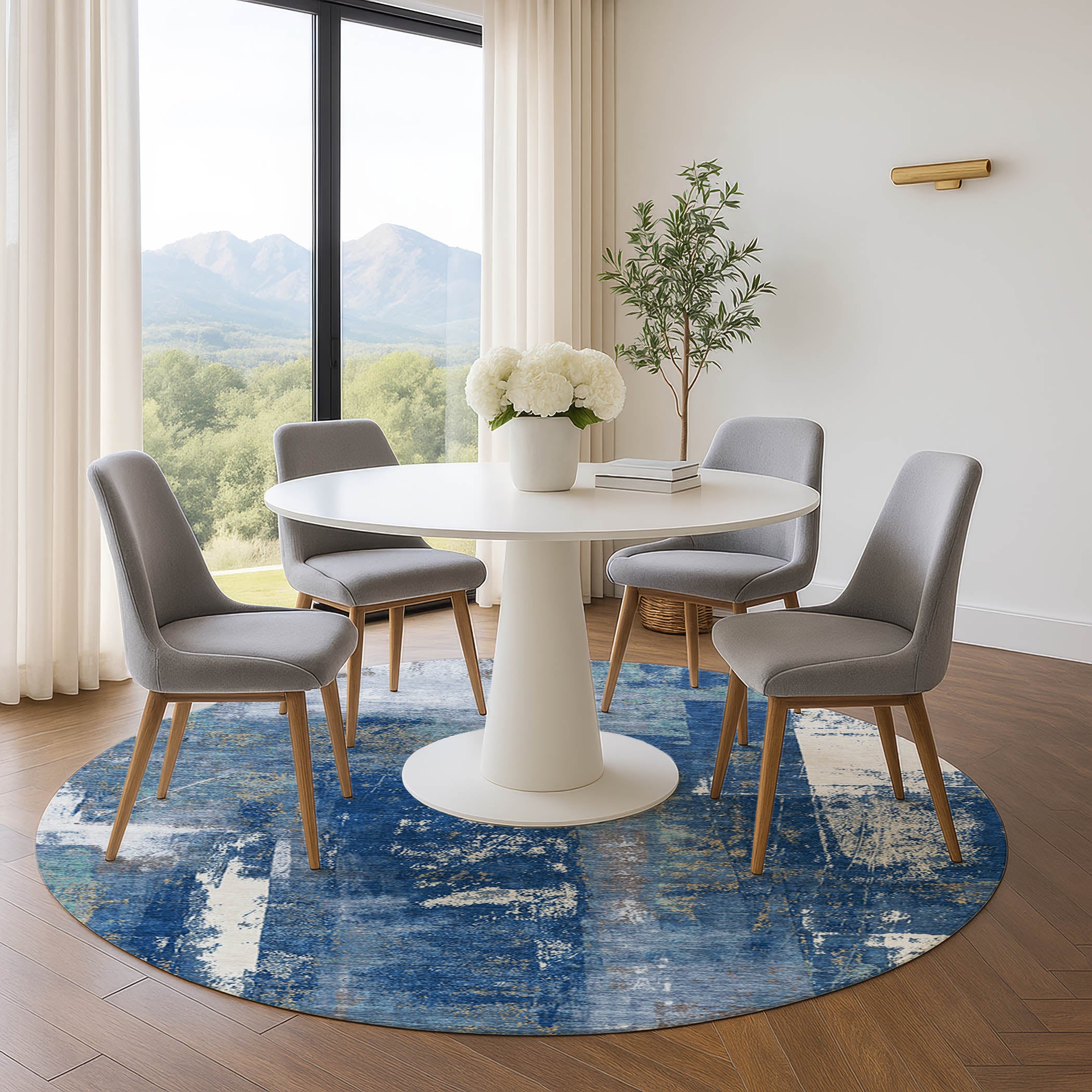 Salzburg Machine Washable Transitional Navy Blue Rug 8' x 8' #shape_Round