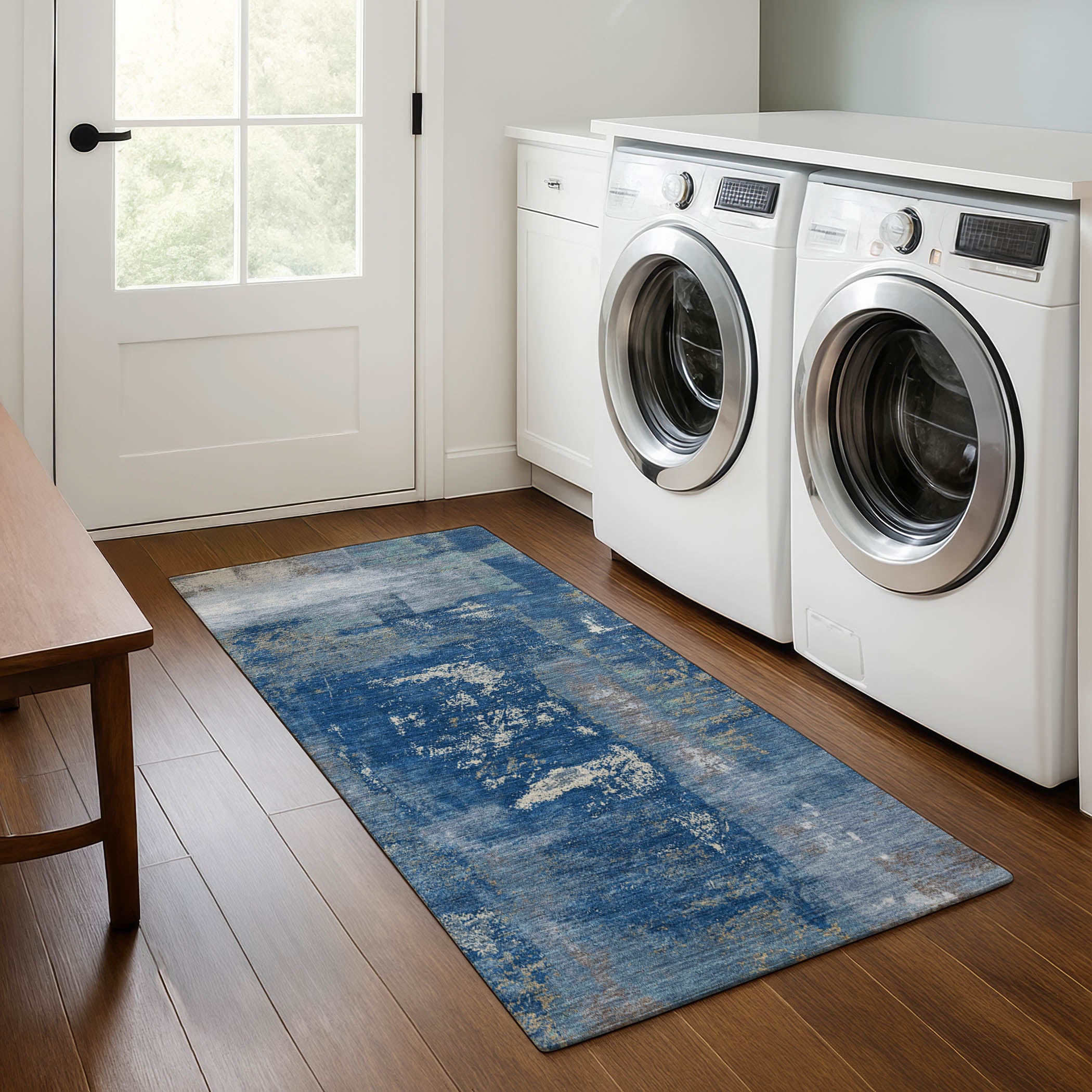 Salzburg Machine Washable Transitional Navy Blue Rug 2'3" x 7'6" #shape_Runner