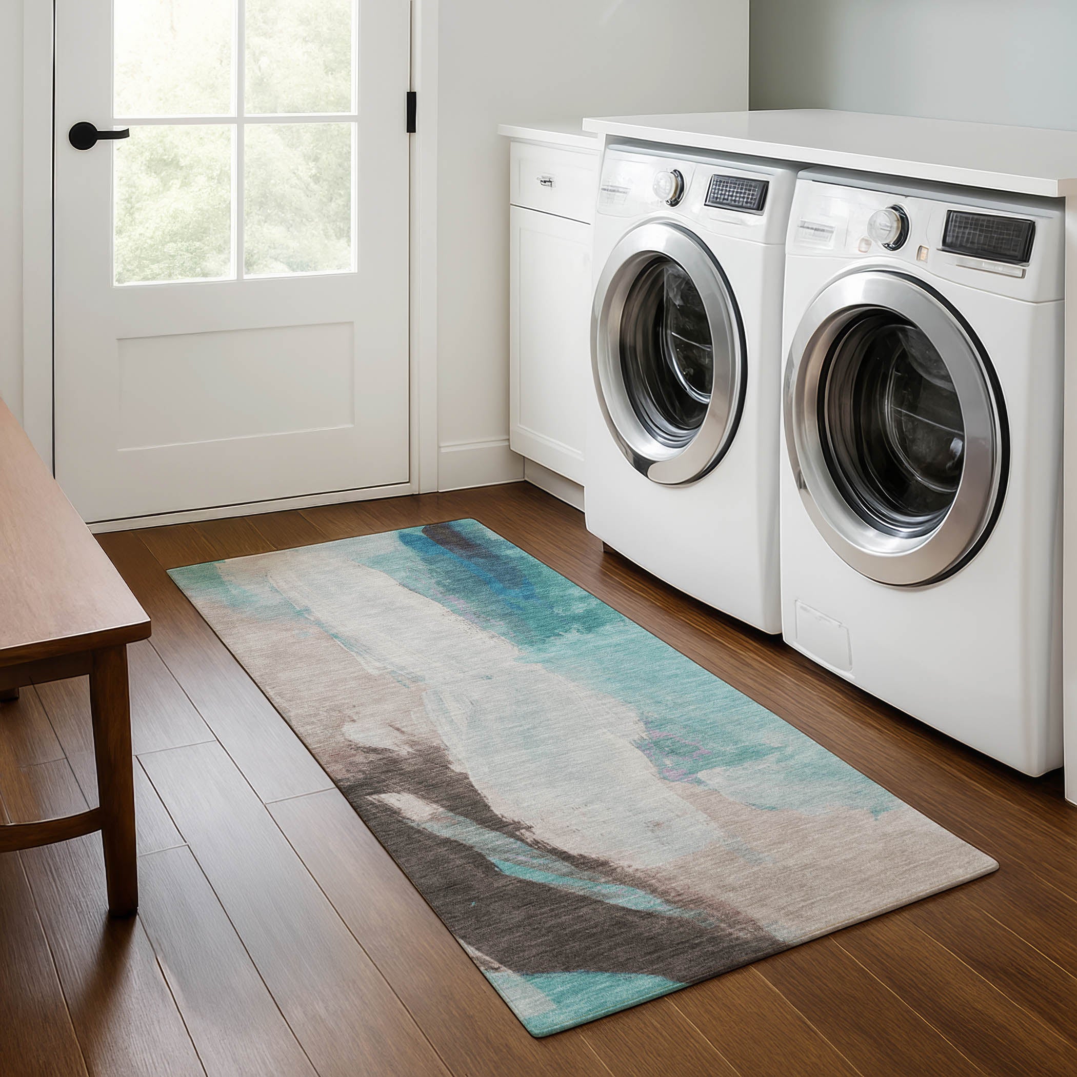 Rome Machine Washable Transitional Teal Rug 2'3" x 7'6" #shape_Runner