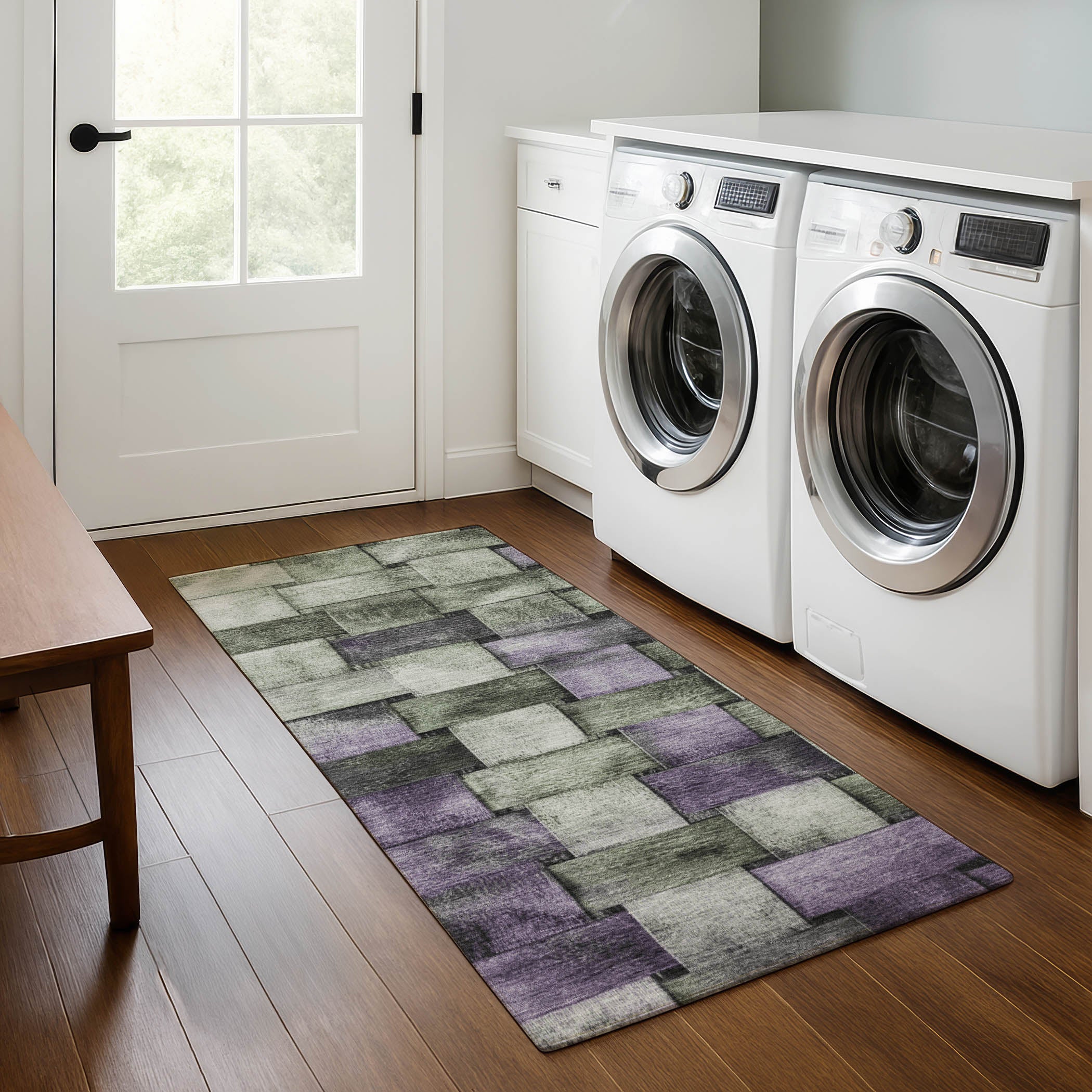 Vienna Machine Washable Transitional Sage Green Rug 2'3" x 7'6" #shape_Runner