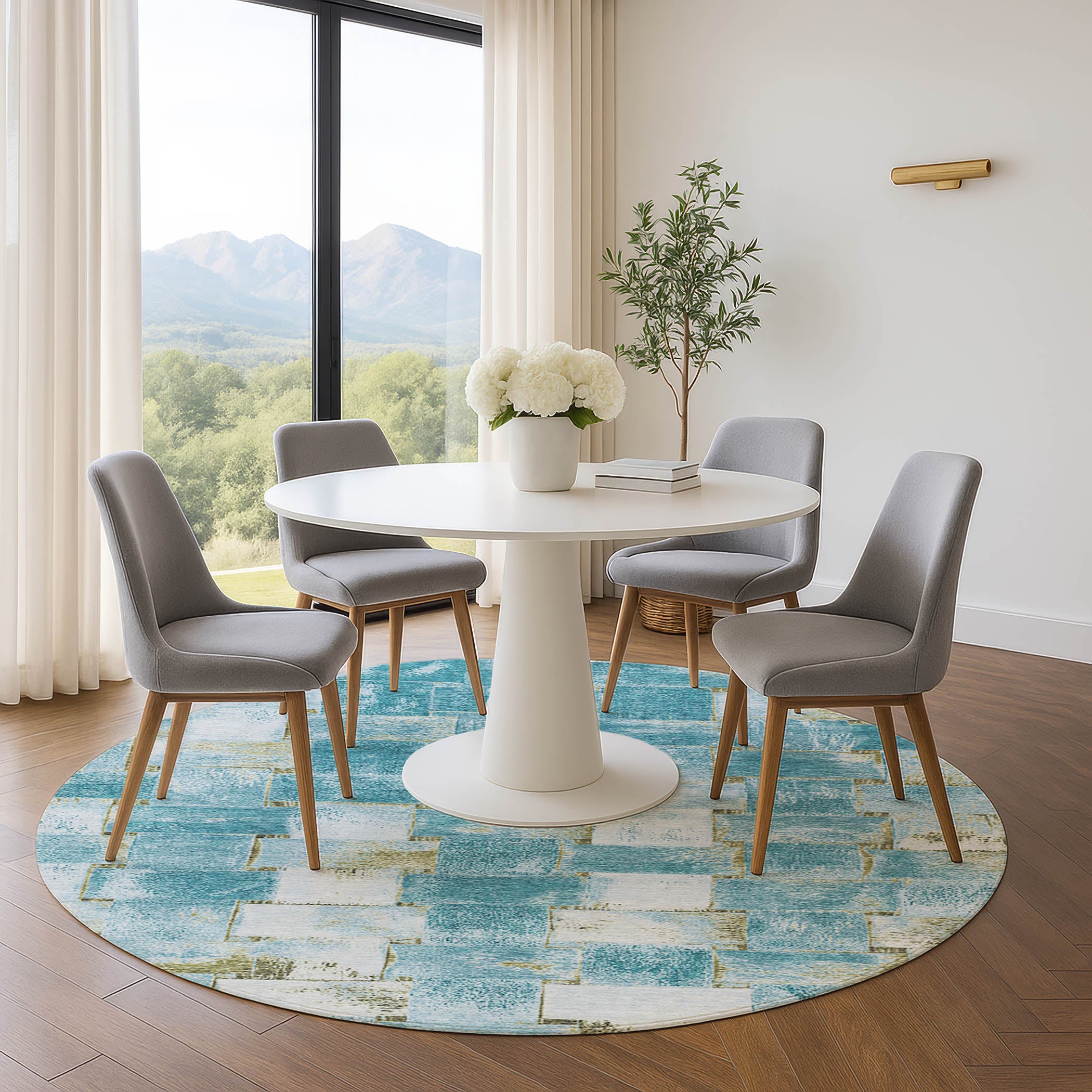 Vienna Machine Washable Transitional Teal Rug 8' x 8' #shape_Round