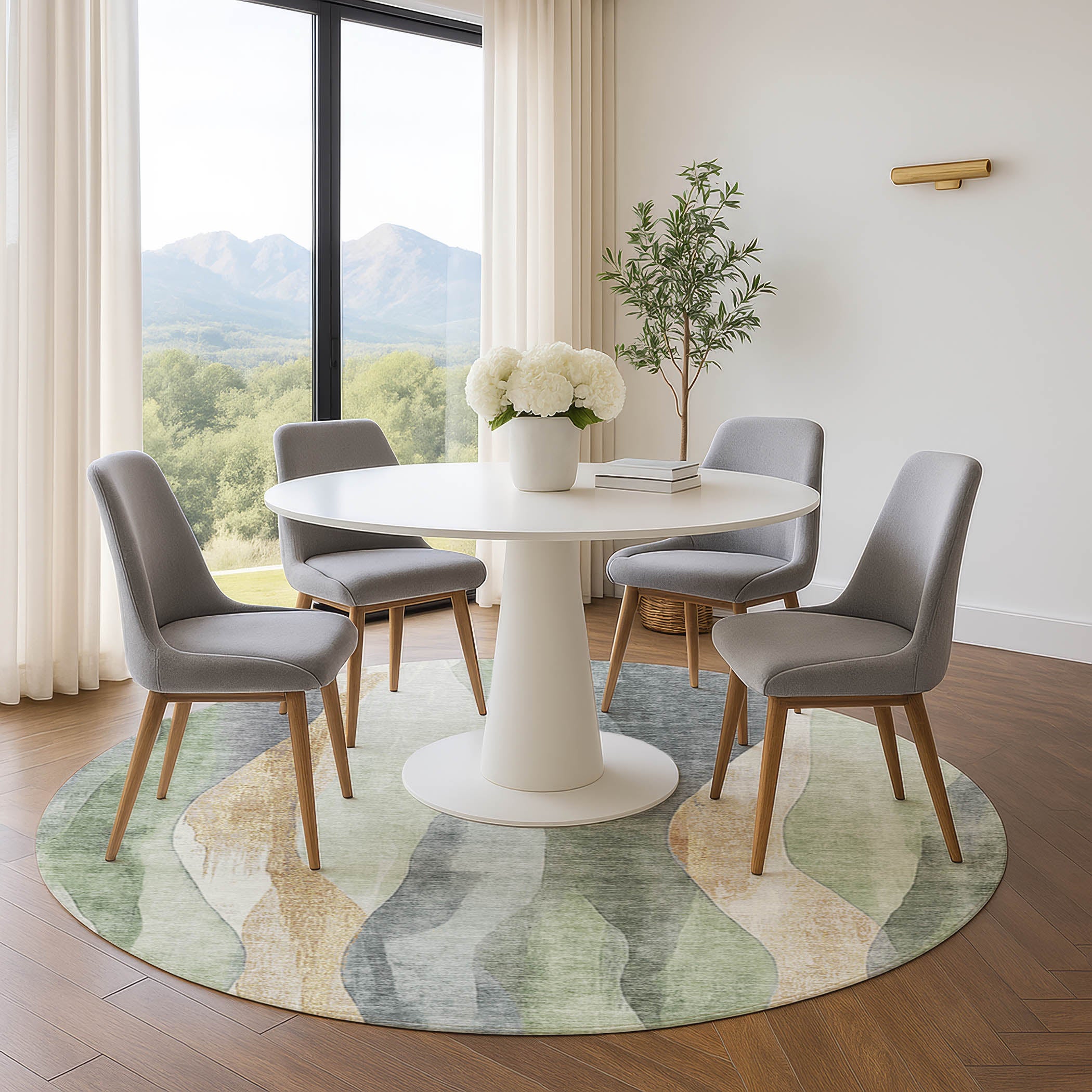 Santorini Machine Washable Transitional Aloe Green Rug 8' x 8' #shape_Round