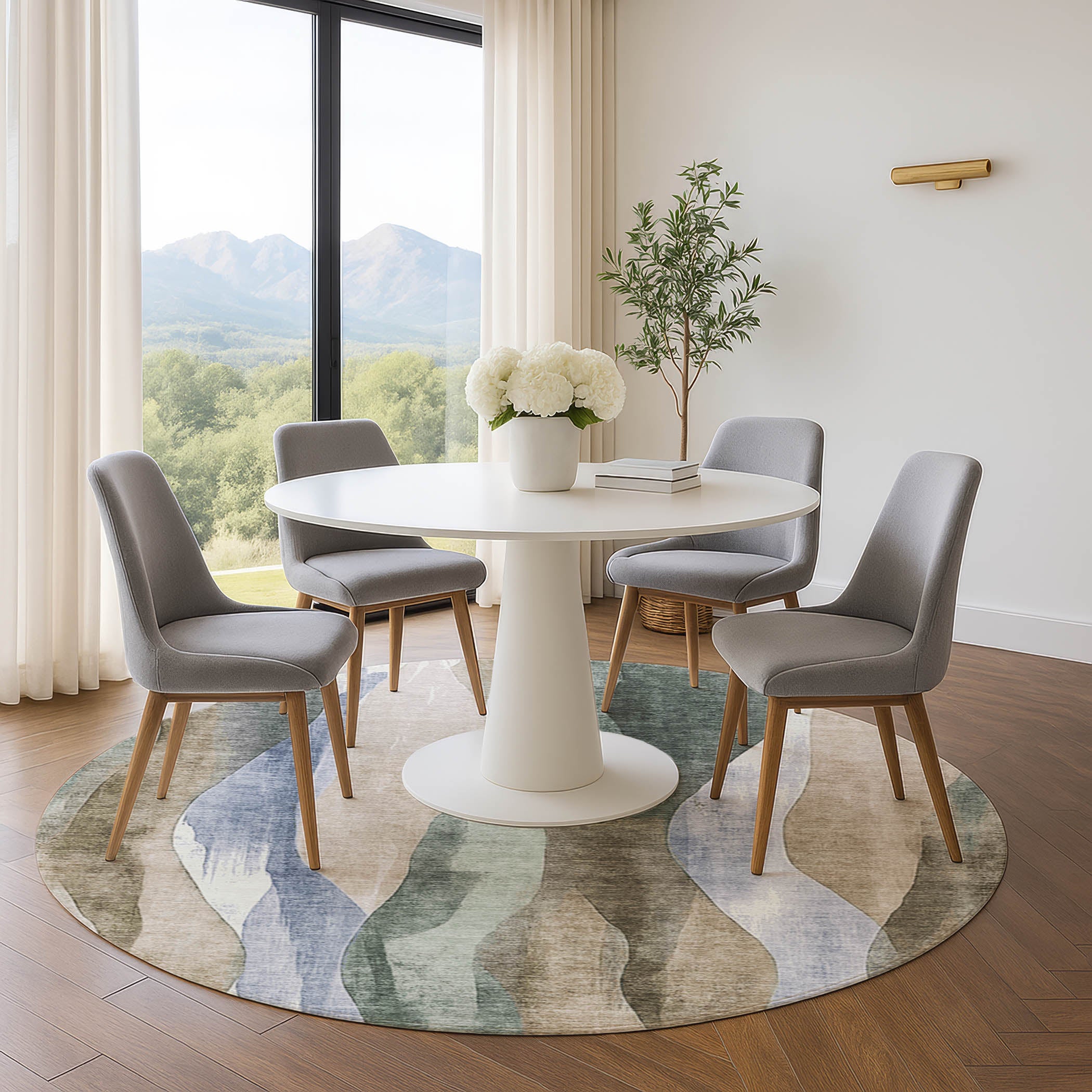 Santorini Machine Washable Transitional Beige Brown Rug 8' x 8' #shape_Round