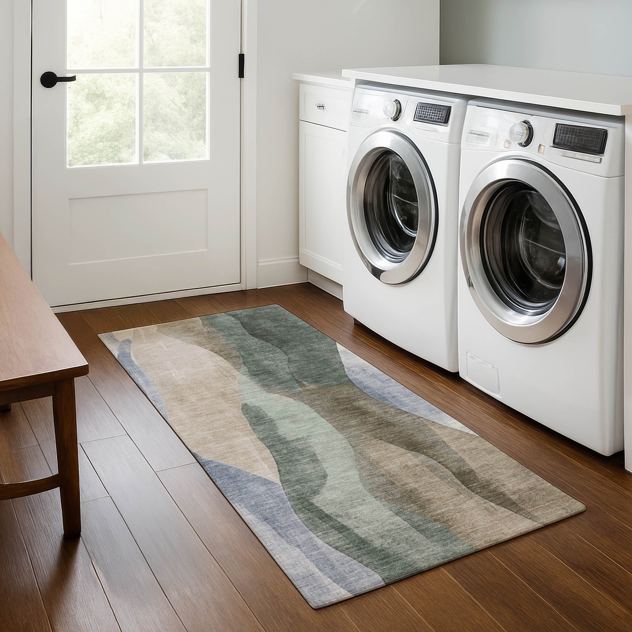 Santorini Machine Washable Transitional Beige Brown Rug 2'3" x 7'6" #shape_Runner