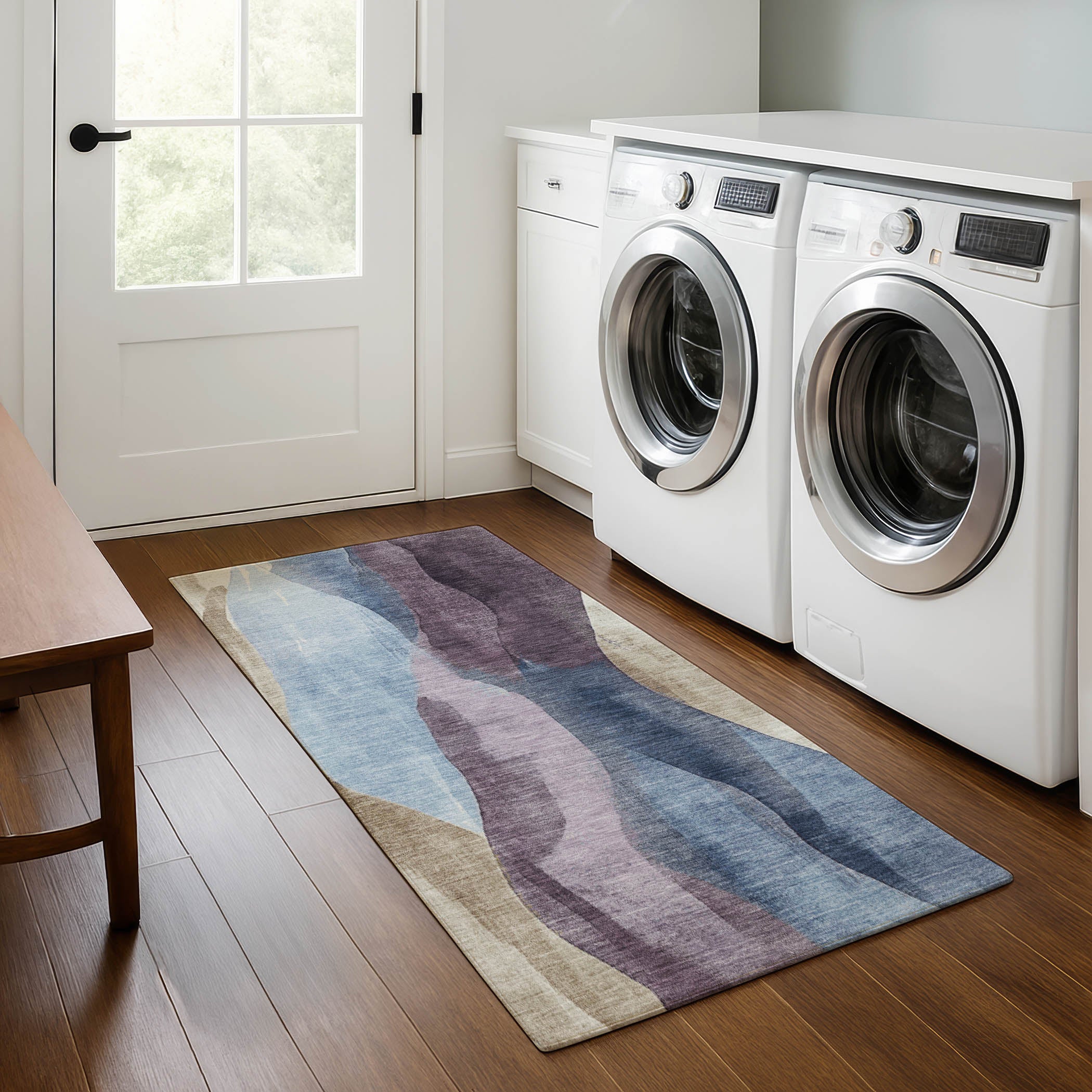 Santorini Machine Washable Transitional Denim Blue Rug 2'3" x 7'6" #shape_Runner