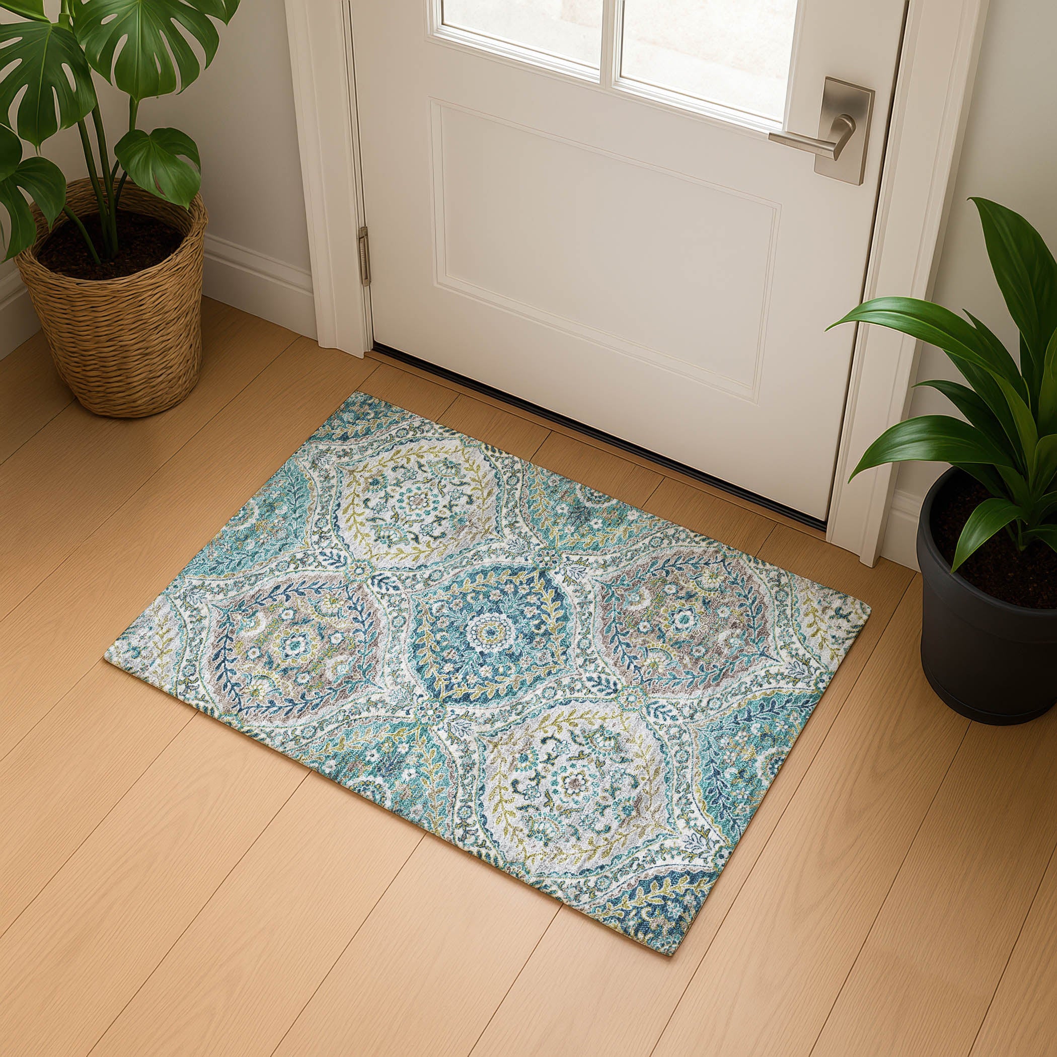 Florence Machine Washable Traditional Teal Rug 1'8" x 2'6" #shape_Rectangle