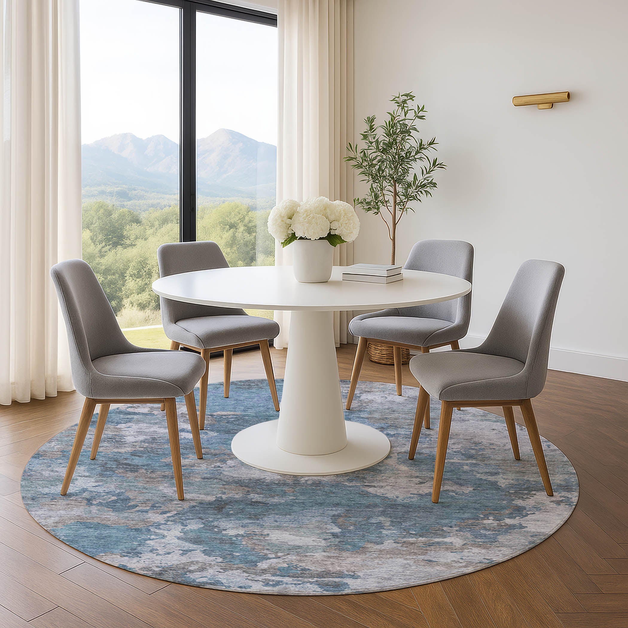 Chiang Mai Machine Washable Transitional Denim Blue Rug 8' x 8' #shape_Round