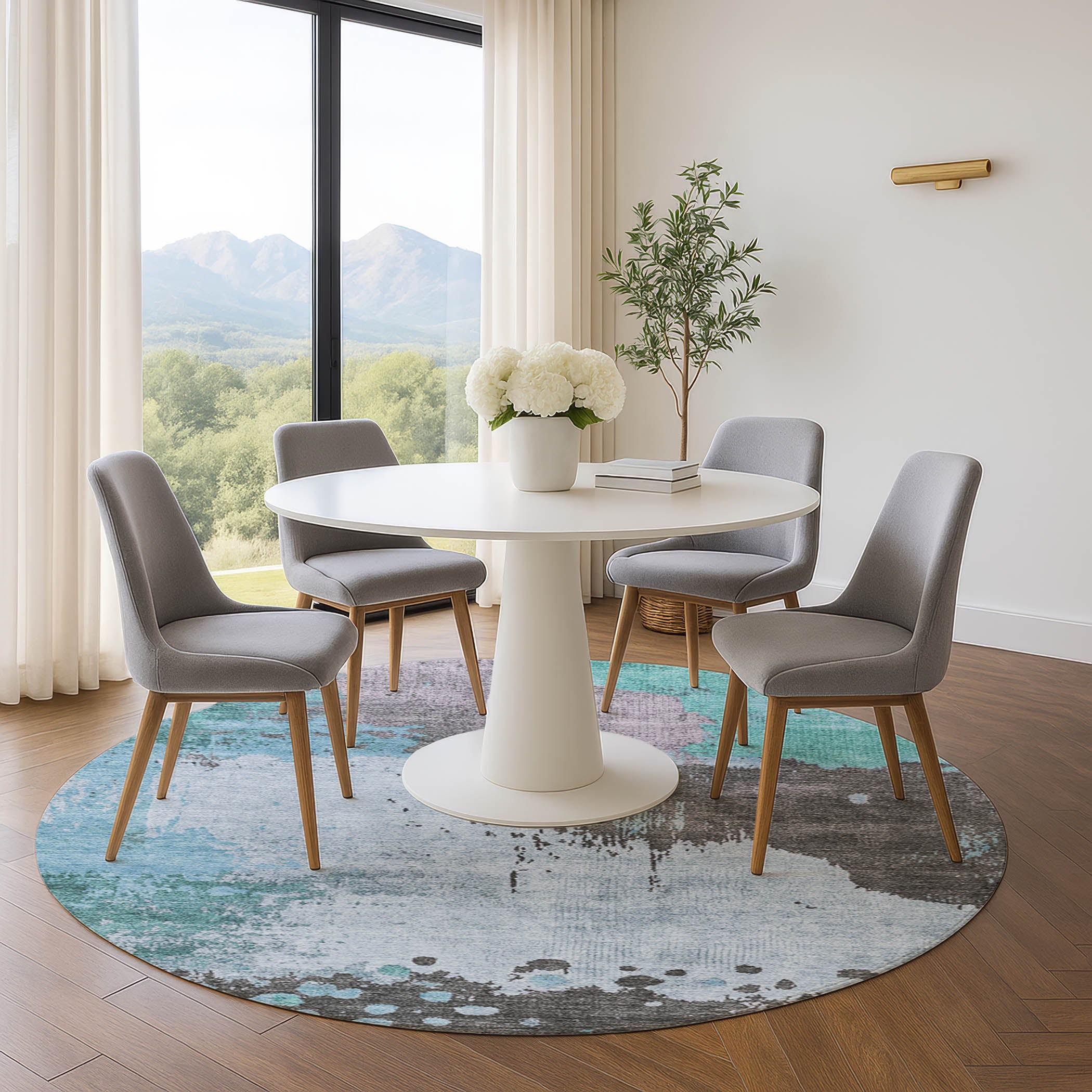 Seville Machine Washable Transitional Teal Rug 8' x 8' #shape_Round