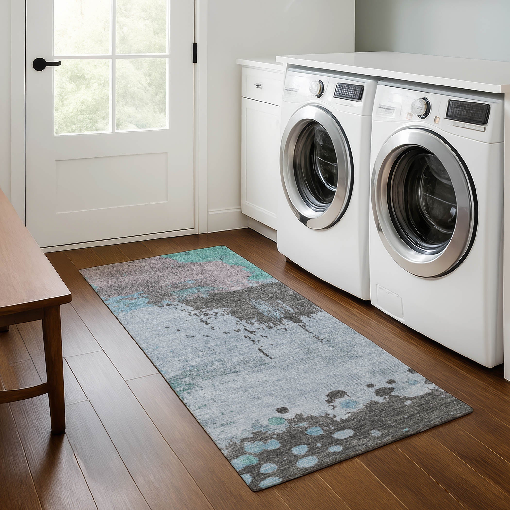Seville Machine Washable Transitional Teal Rug 2'3" x 7'6" #shape_Runner