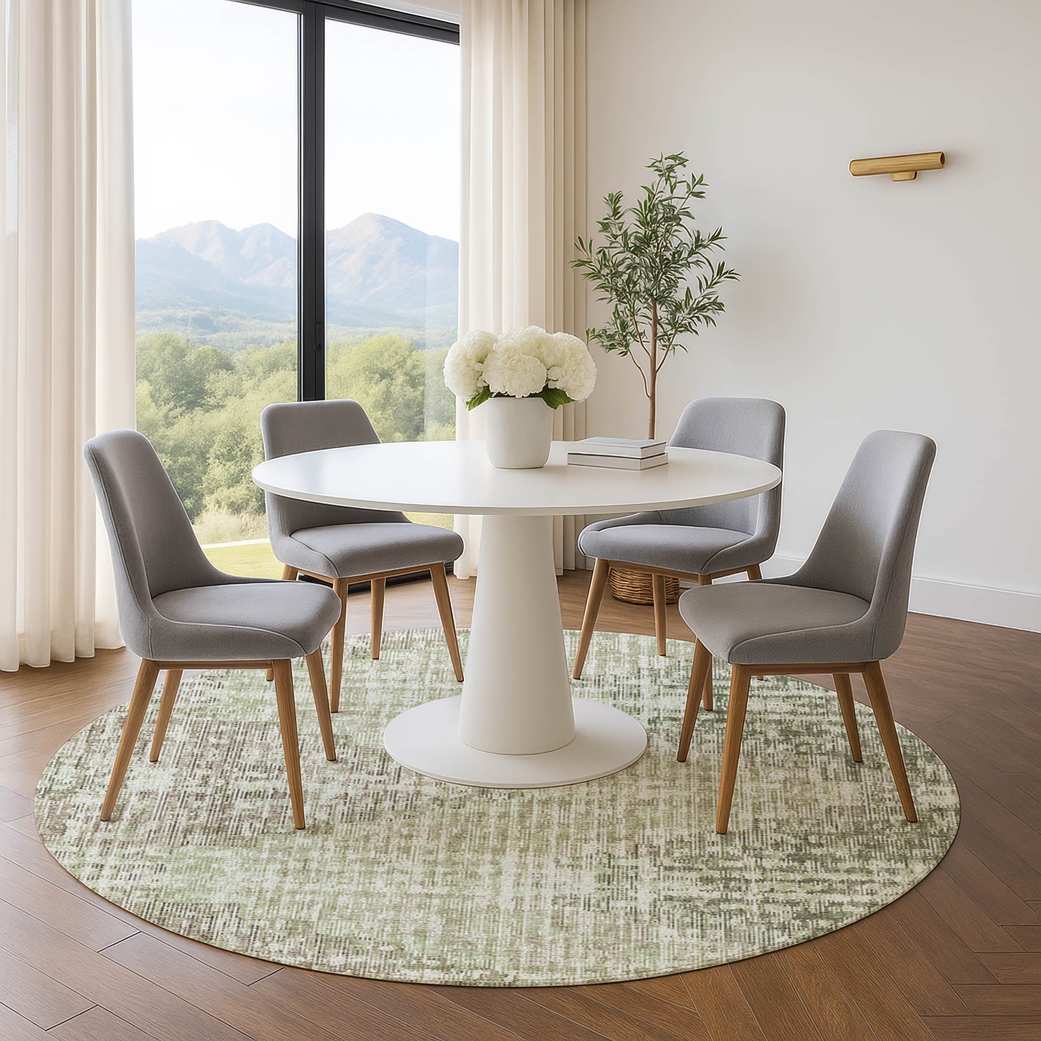 Kyoto Machine Washable Transitional Fern Green Rug 8' x 8' #shape_Round