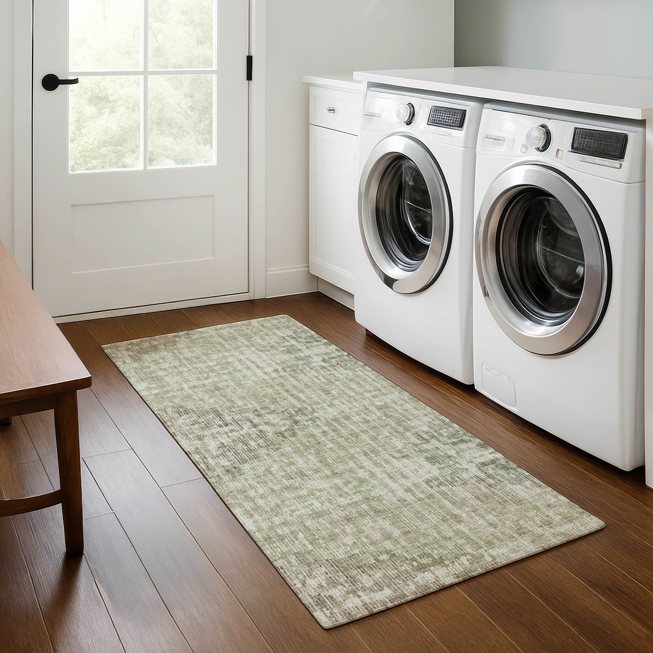 Kyoto Machine Washable Transitional Fern Green Rug 2'3" x 7'6" #shape_Runner