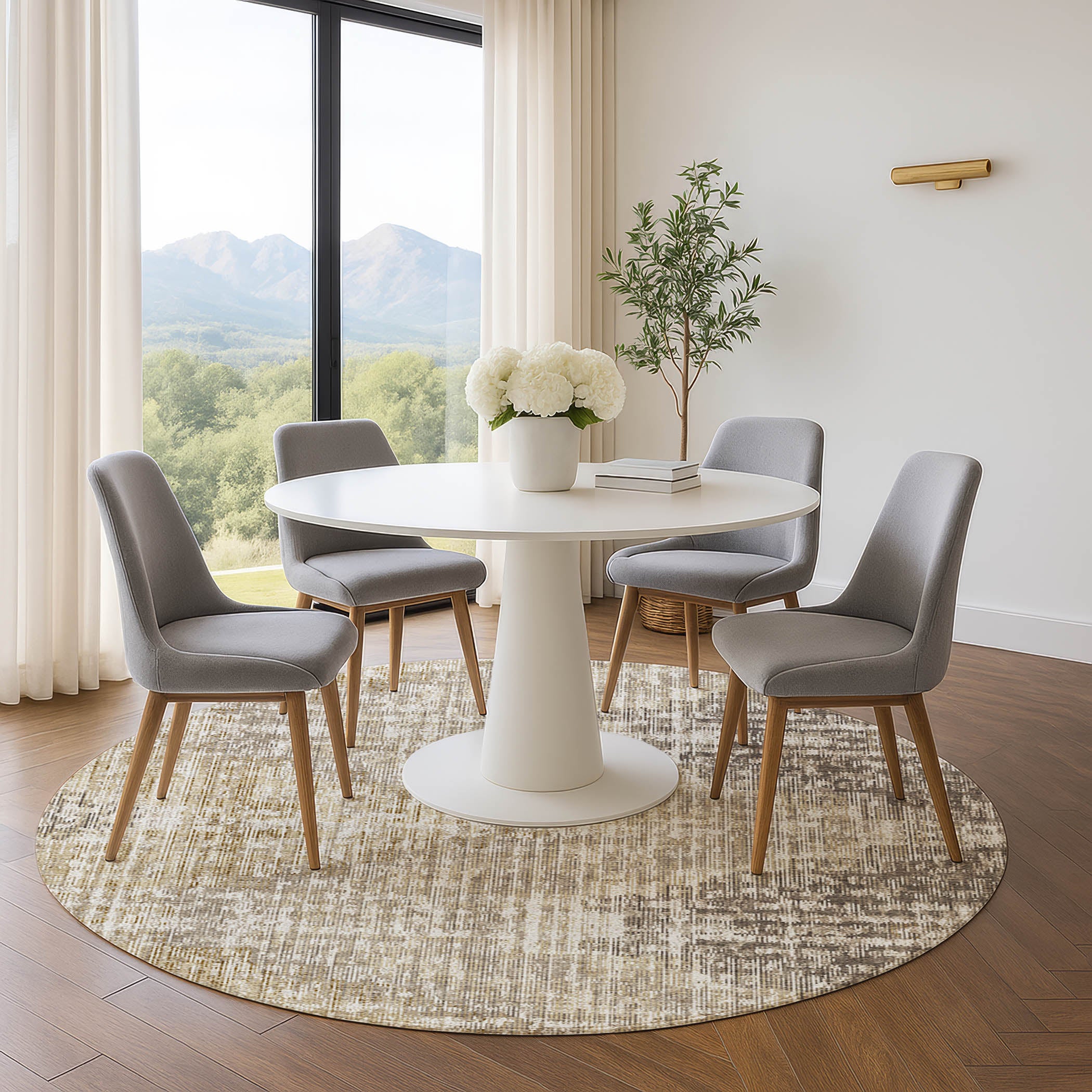 Kyoto Machine Washable Transitional Khaki Brown Rug 8' x 8' #shape_Round