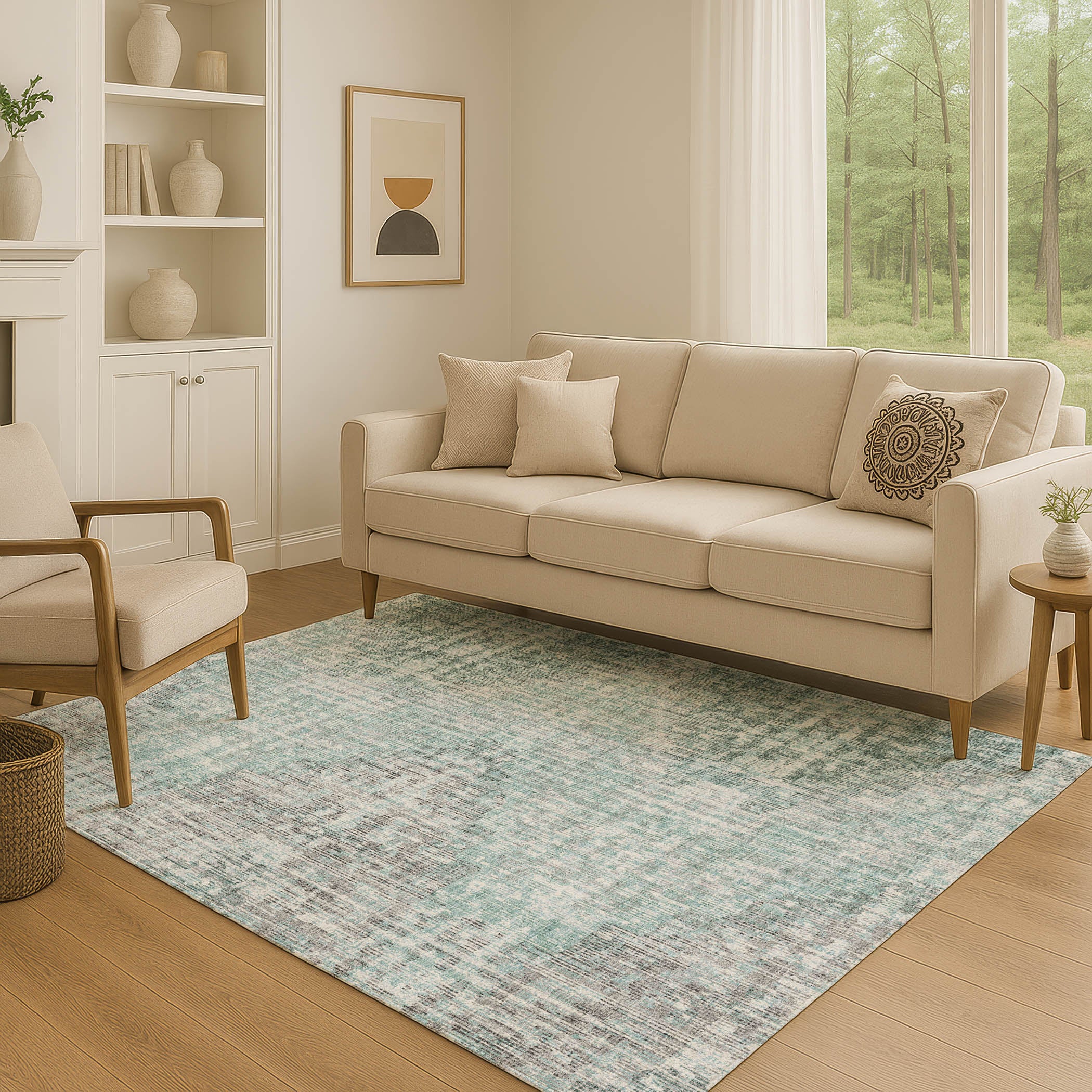 Kyoto Machine Washable Transitional Teal Rug 2'6" x 3'10" #shape_Rectangle