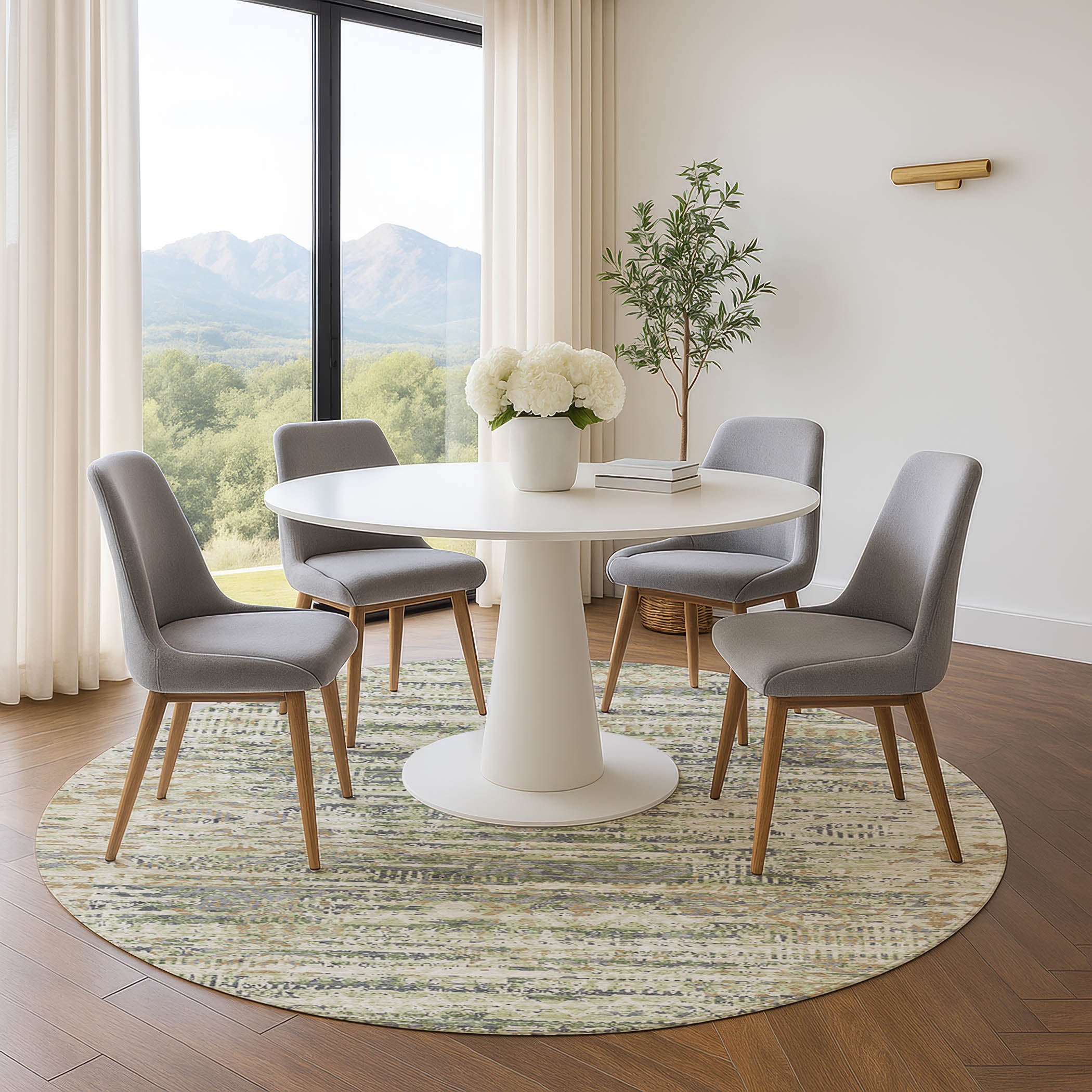 Athens Machine Washable Transitional Aloe Green Rug 8' x 8' #shape_Round