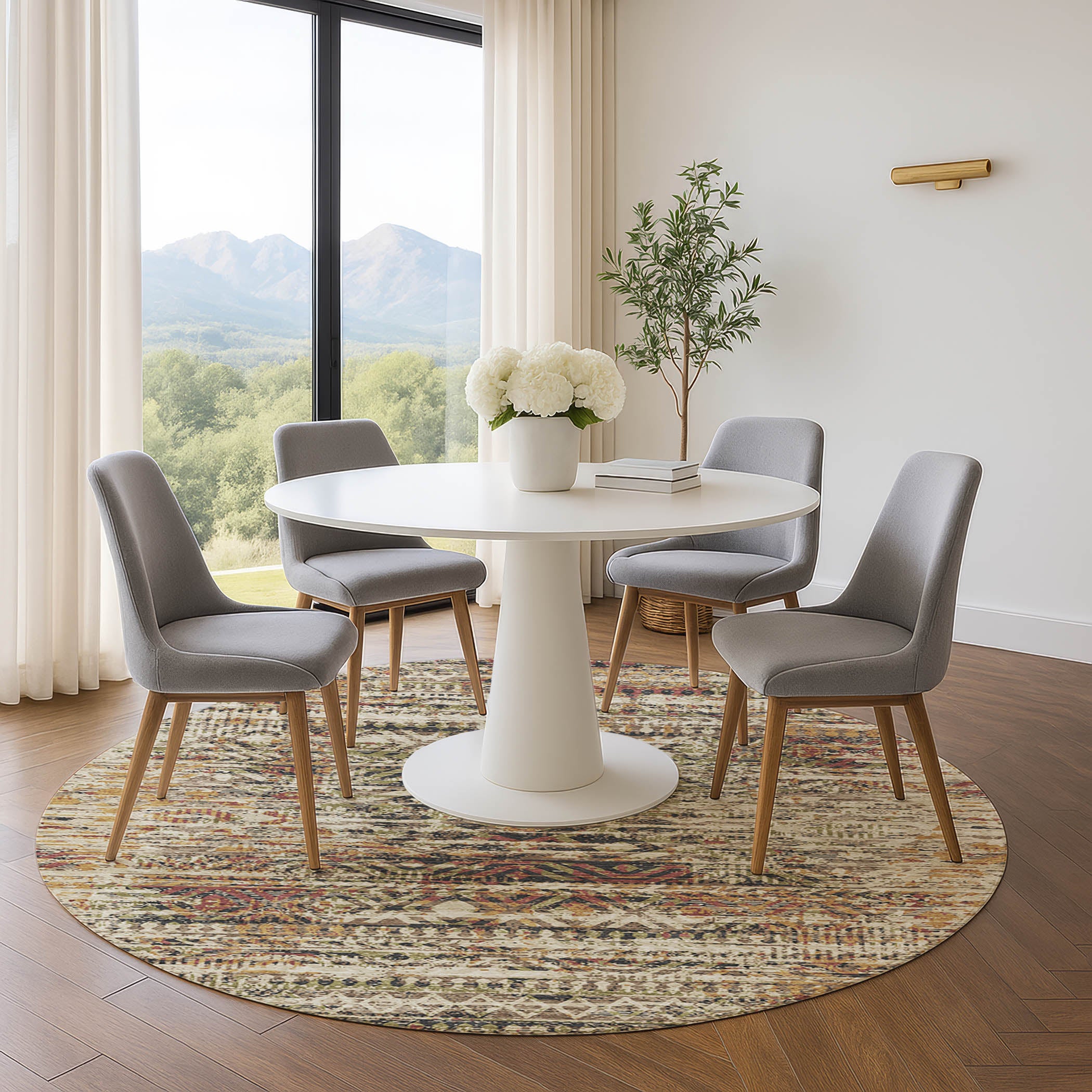 Athens Machine Washable Transitional Beige Brown Rug 8' x 8' #shape_Round