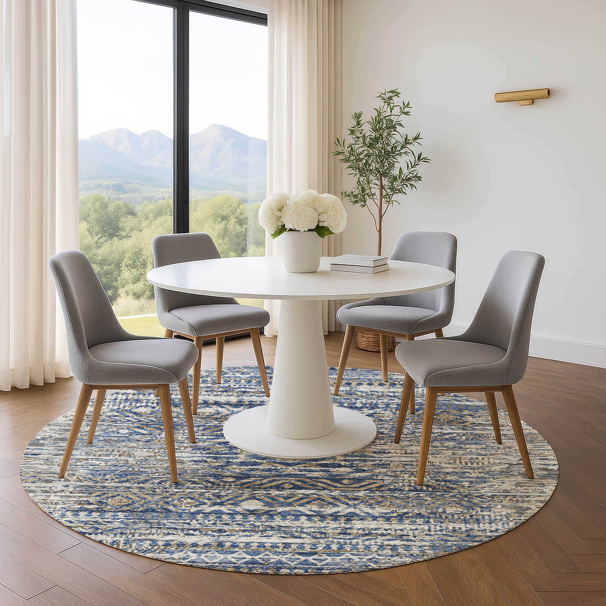 Athens Machine Washable Transitional Blue Rug 8' x 8' #shape_Round