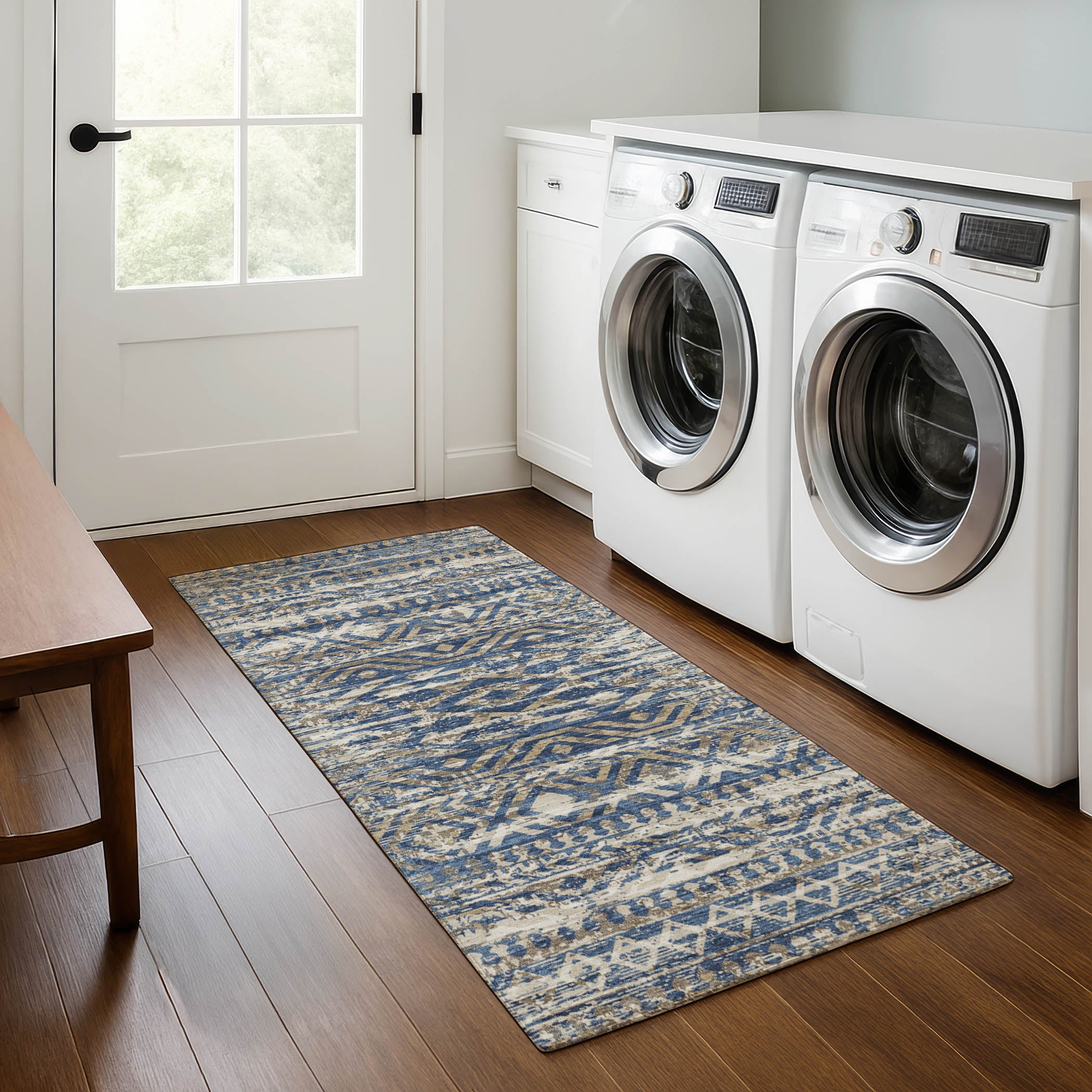 Athens Machine Washable Transitional Blue Rug 2'3" x 7'6" #shape_Runner