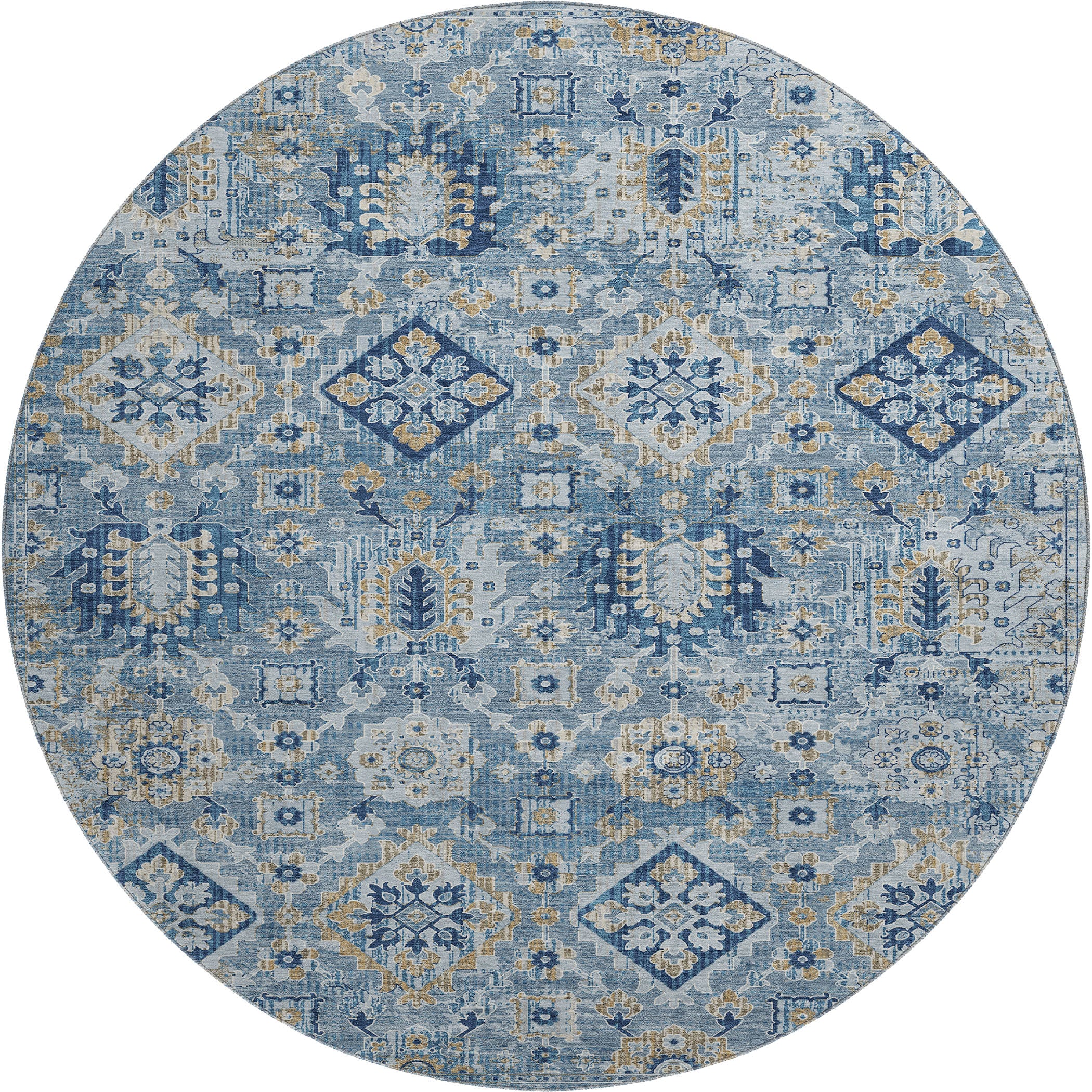 Valletta Machine Washable Traditional Denim Blue Rug 8' x 8' #shape_Round