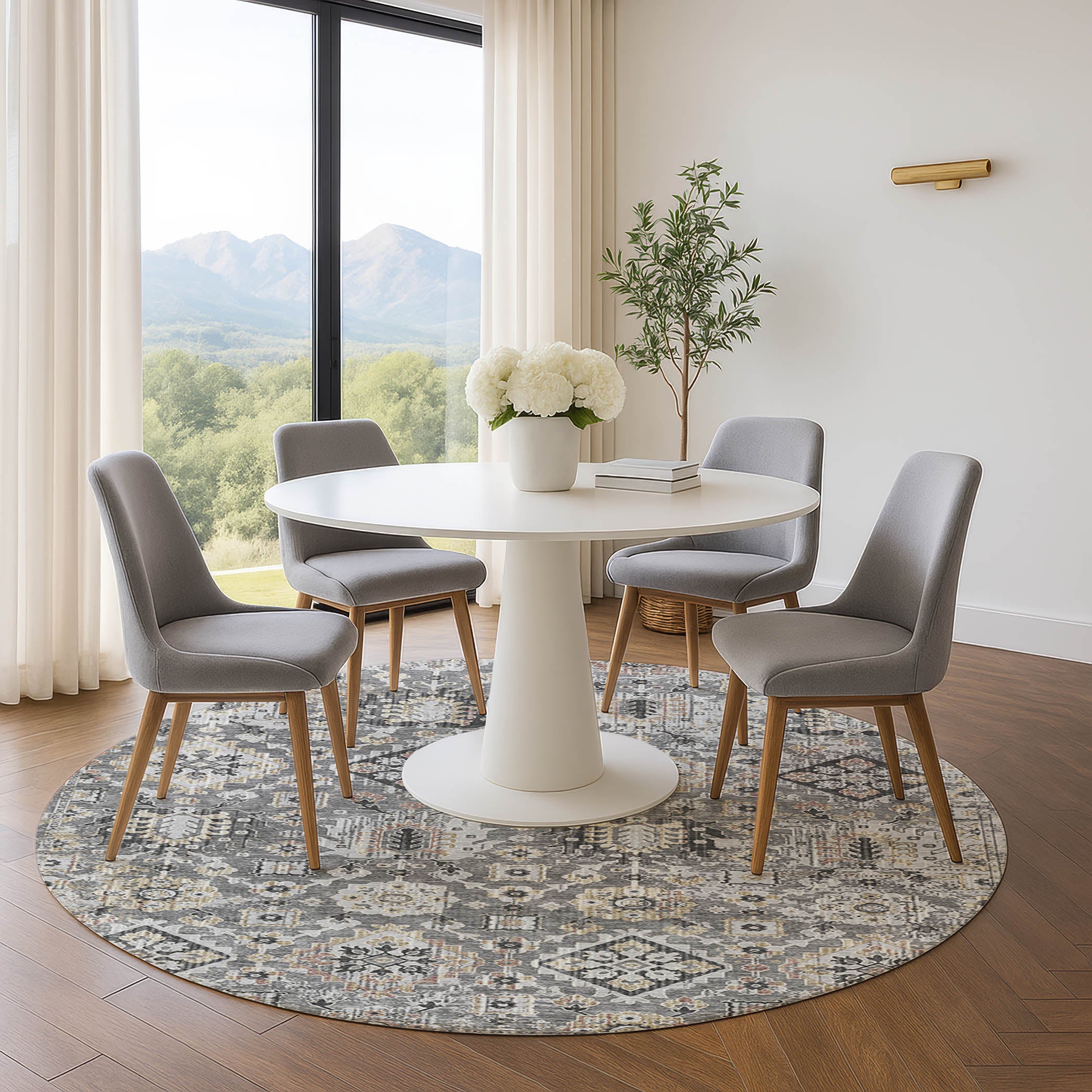 Valletta Machine Washable Traditional Gray Rug 8' x 8' #shape_Round
