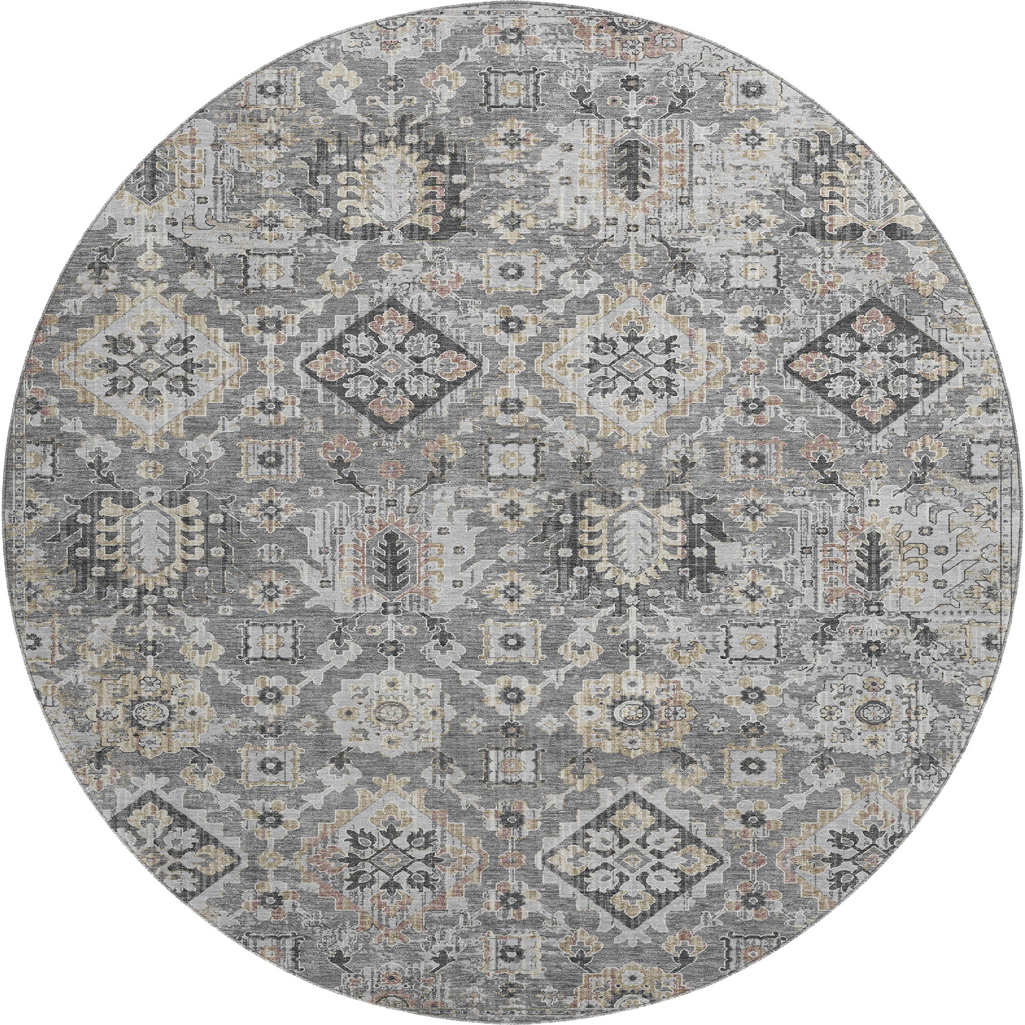 Valletta Machine Washable Traditional Gray Rug 8' x 8' #shape_Round