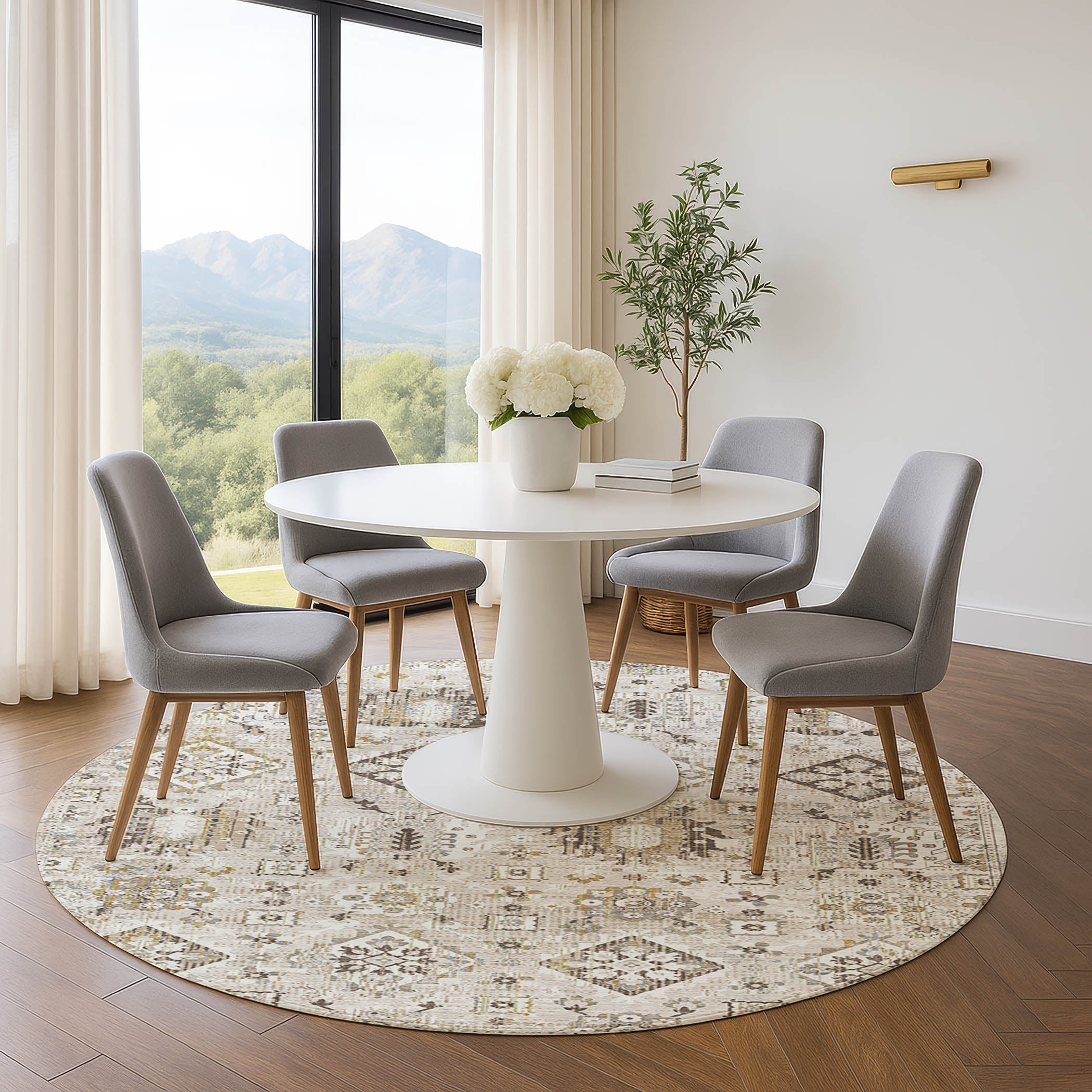 Valletta Machine Washable Traditional Linen Ivory Rug 8' x 8' #shape_Round