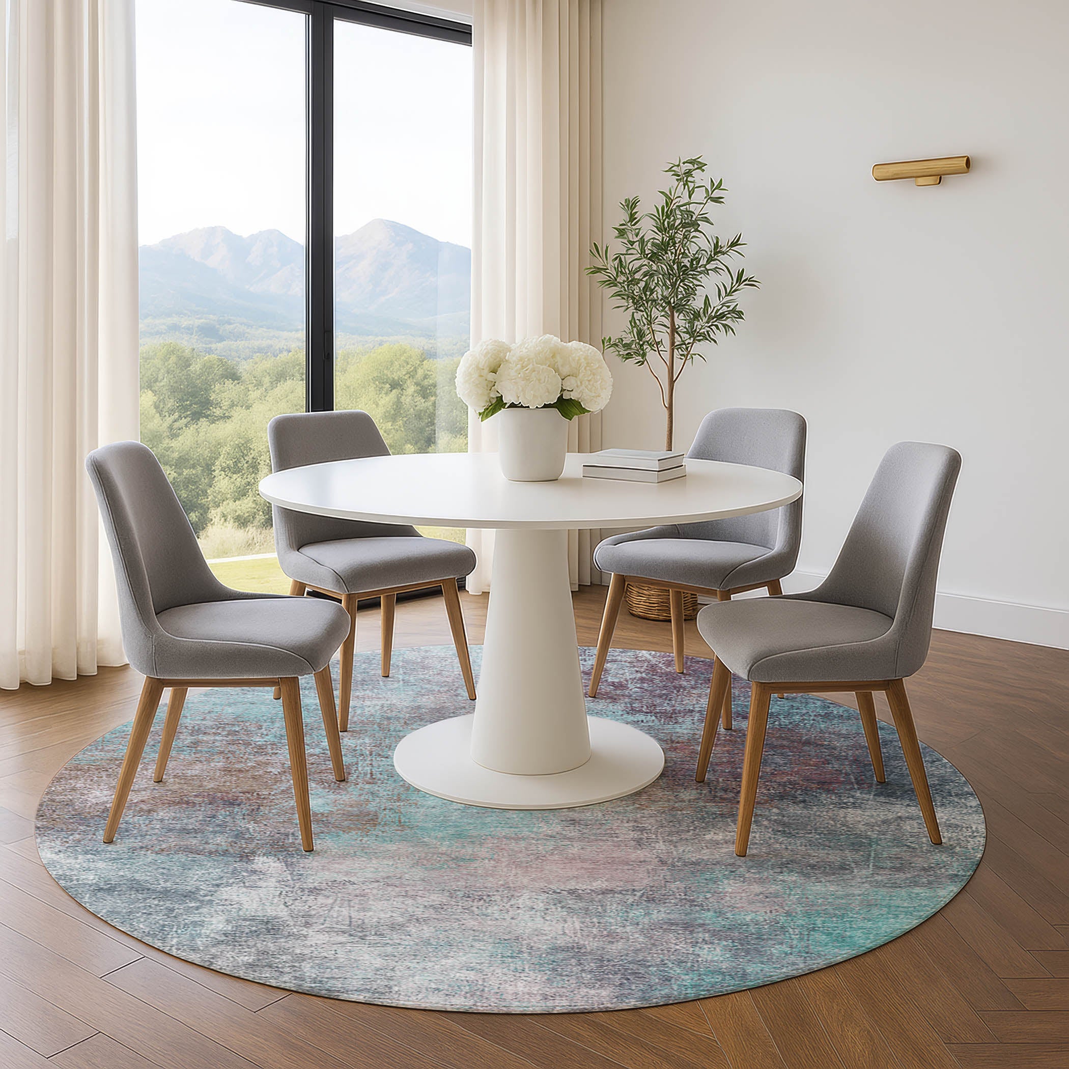 Bergen Machine Washable Transitional Teal Rug 8' x 8' #shape_Round