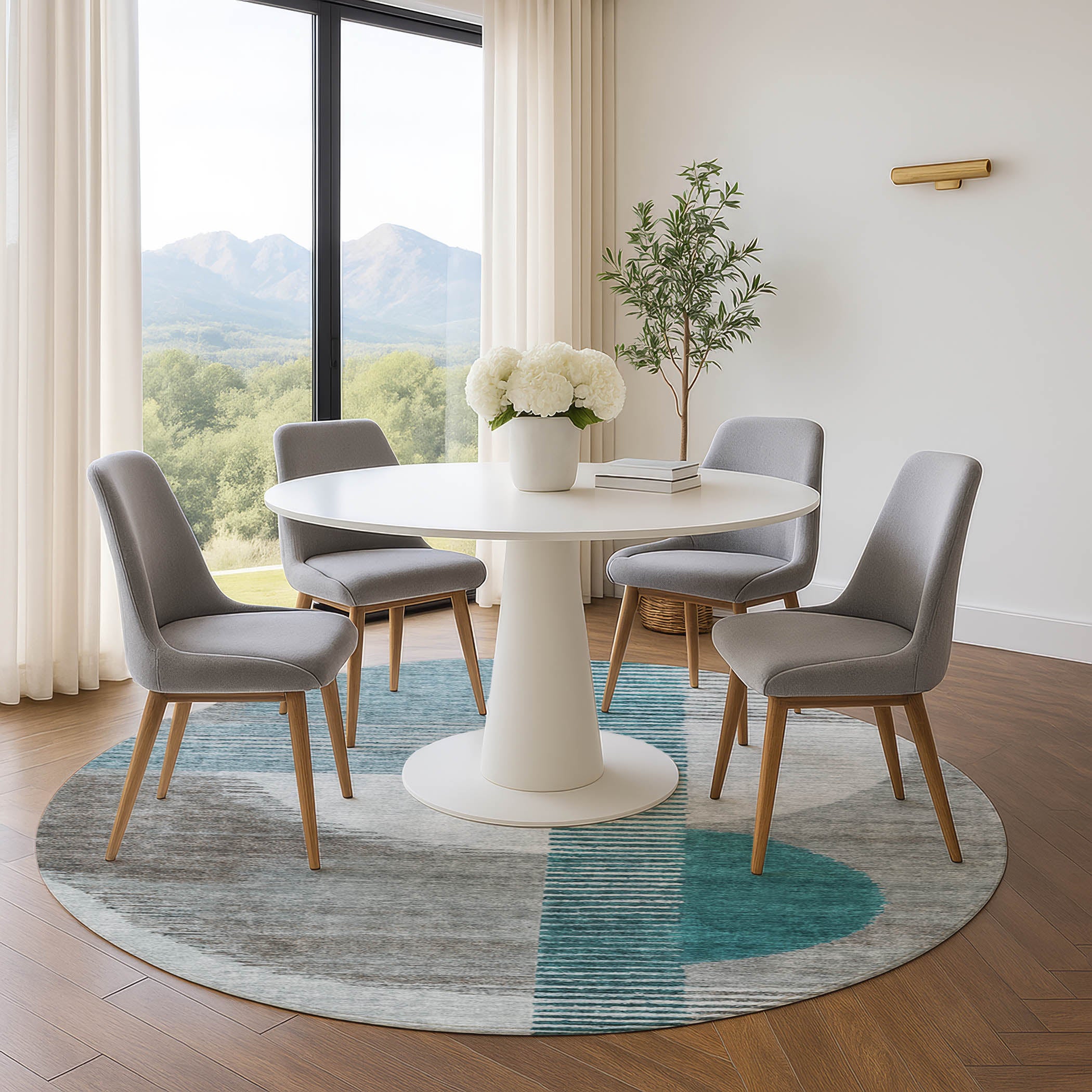 Valletta Machine Washable Transitional Teal Rug 8' x 8' #shape_Round