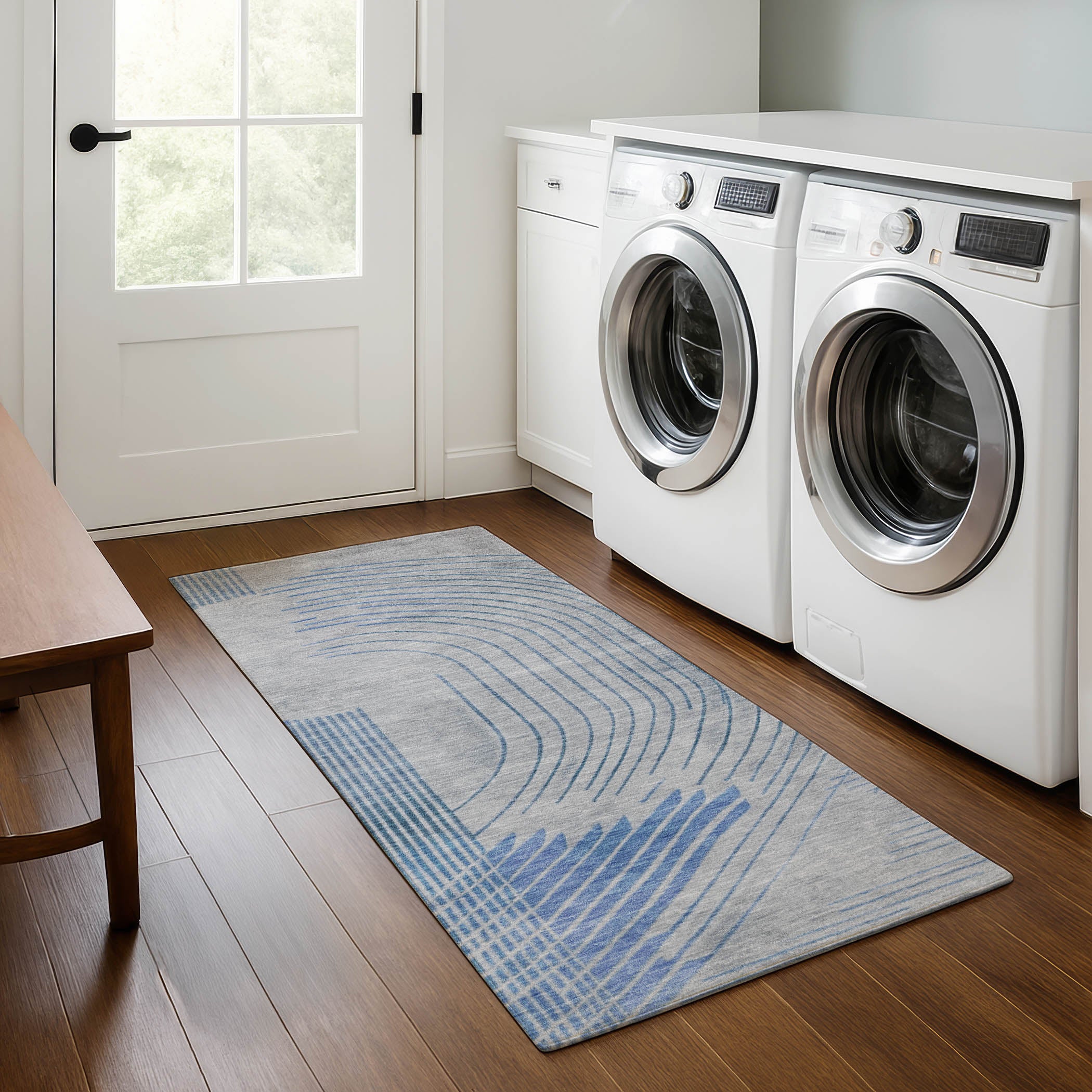 Antigua Machine Washable Transitional Blue Rug 2'3" x 7'6" #shape_Runner