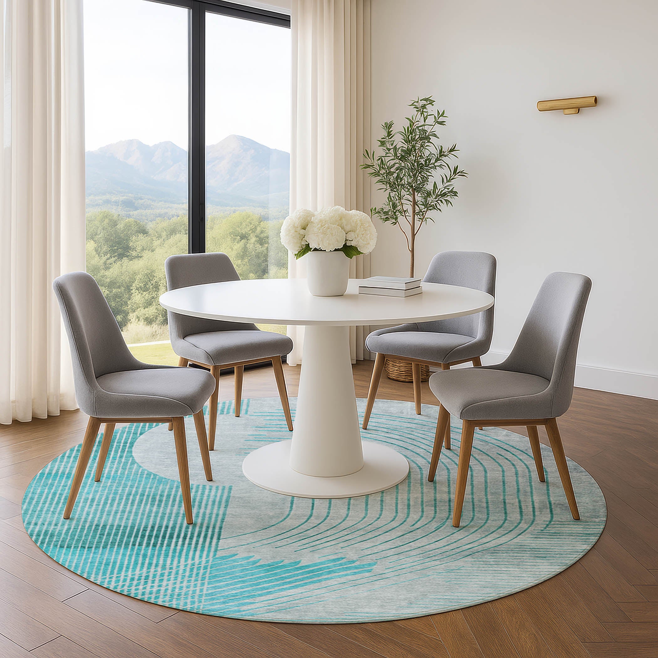 Antigua Machine Washable Transitional Teal Rug 8' x 8' #shape_Round